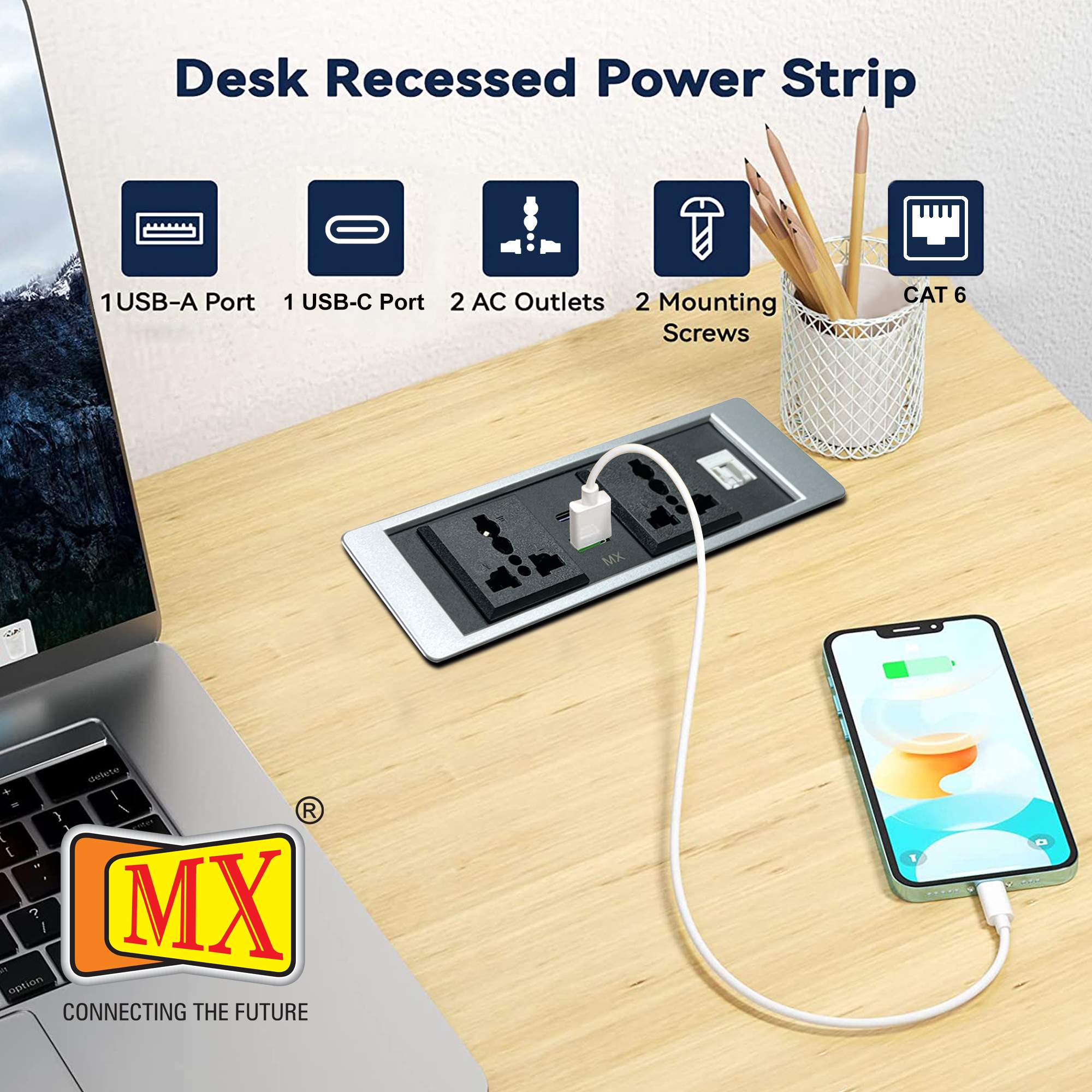 MX Pop Up Box/Cable Cubby/Extension Board with Switch 2 Universal Power Socket -13 Amp + 1 CAT 6 + USB C -30W + USB A-30W Cutout 156x50 MM (Silver) ( MX 7016 ) - Image 5