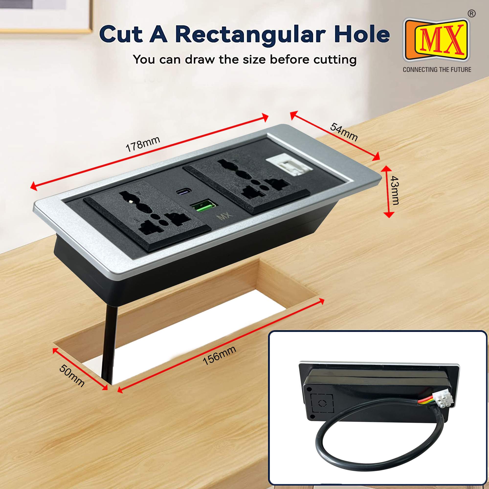 MX Pop Up Box/Cable Cubby/Extension Board with Switch 2 Universal Power Socket -13 Amp + 1 CAT 6 + USB C -30W + USB A-30W Cutout 156x50 MM (Silver) ( MX 7016 ) - Image 3