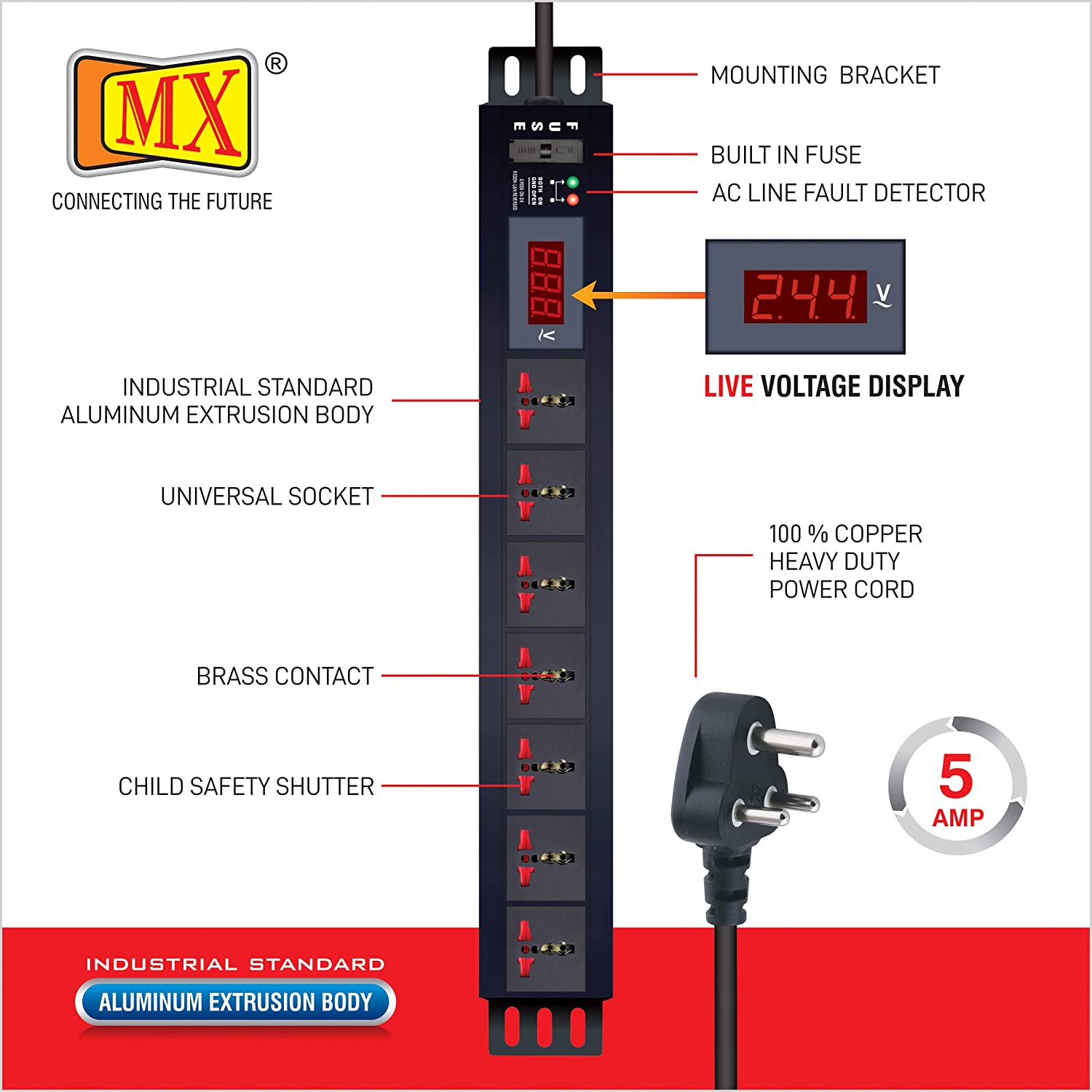 MX 7 Outlet Power Distribution Unit with Live Voltage Display, 6 AMP (Parameter: 30W~265V), Wall/Rack Mount, Built-in Fuse, Master Switch, Desk Mount and 19 inches Rack Mountable with 1.5m Power Cord for home appliances like electric cooktop & Stove - Image 4
