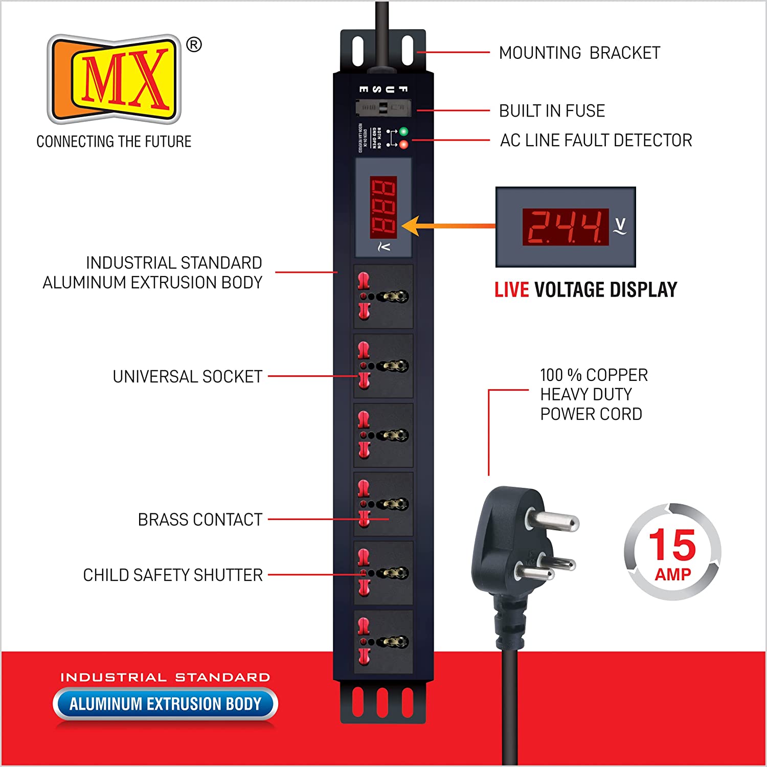 MX 6-Outlet Power Distribution Unit with Live Voltage Display, 6/16 AMP (Parameter: 30W~265V), Wall/Rack Mount, Built-in Fuse, Master Switch, Heavy-Duty 1.5m Power Cord for home appliances like electric cooktop & Stove - Image 4