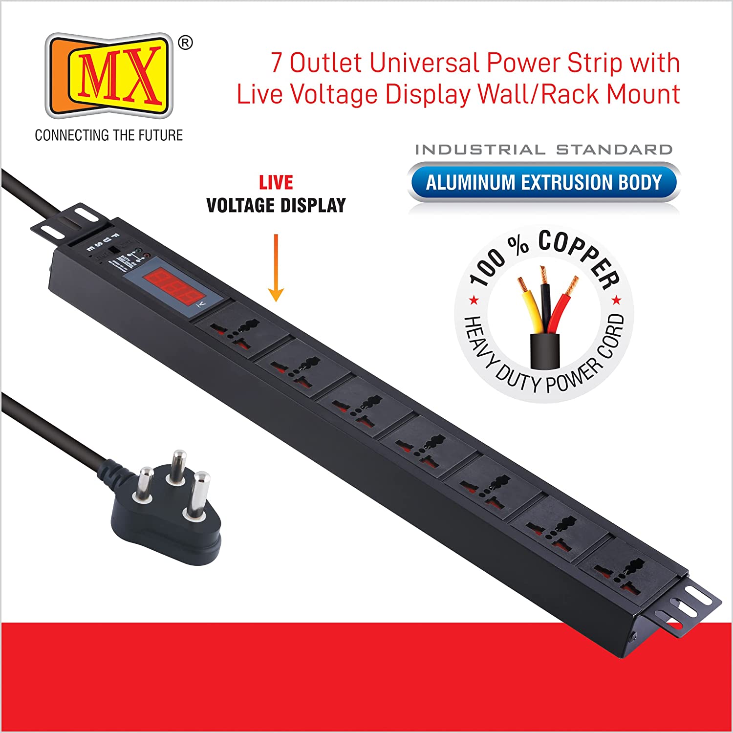 MX 7 Outlet Power Distribution Unit with Live Voltage Display, 6 AMP (Parameter: 30W~265V), Wall/Rack Mount, Built-in Fuse, Master Switch, Desk Mount and 19 inches Rack Mountable with 1.5m Power Cord for home appliances like electric cooktop & Stove - Image 2