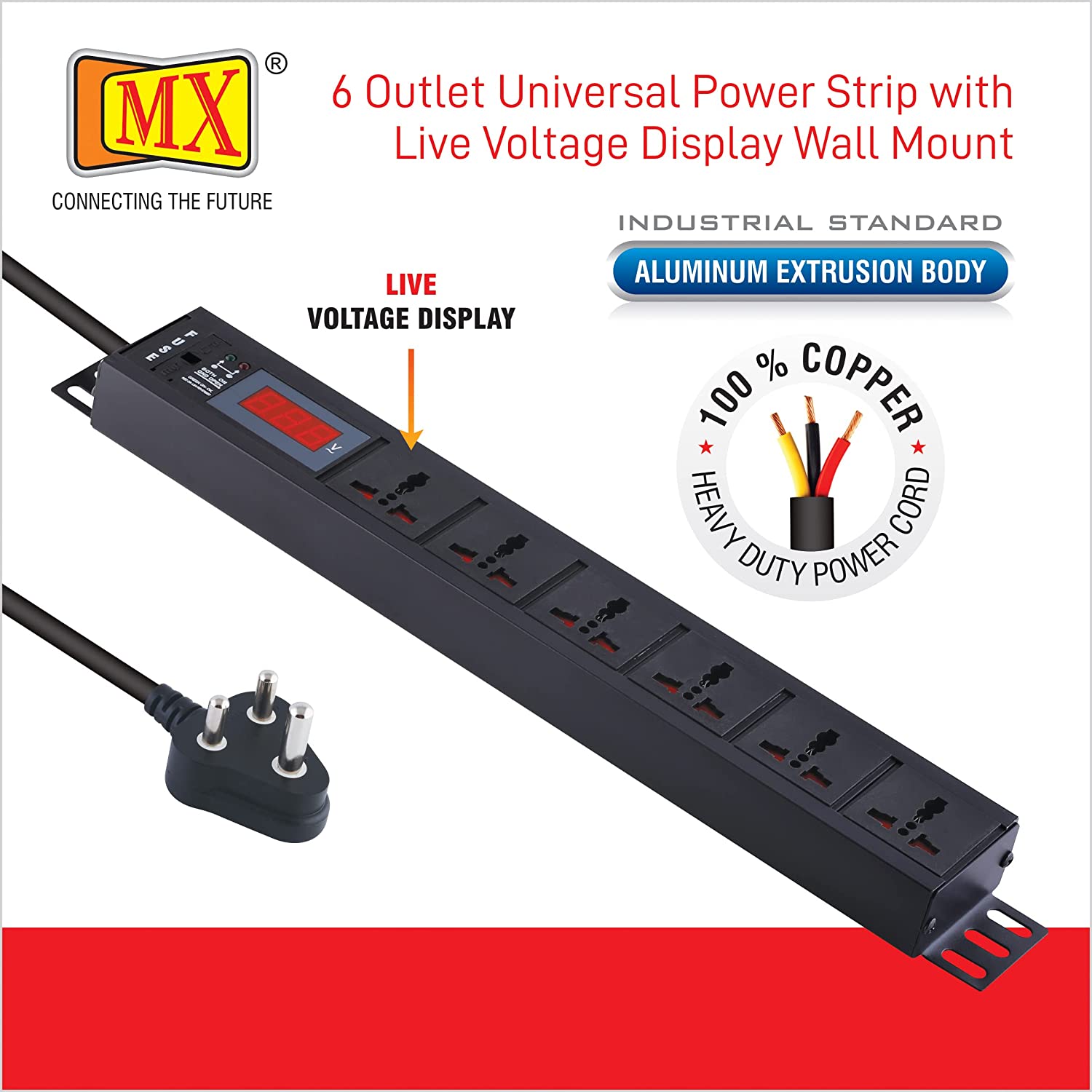 MX 6-Outlet Power Distribution Unit with Live Voltage Display, 6 AMP (Parameter: 30W~265V), Wall/Rack Mount, Built-in Fuse, Master Switch, Heavy-Duty 1.5m Power Cord for home appliances like electric cooktop & Stove - Image 3