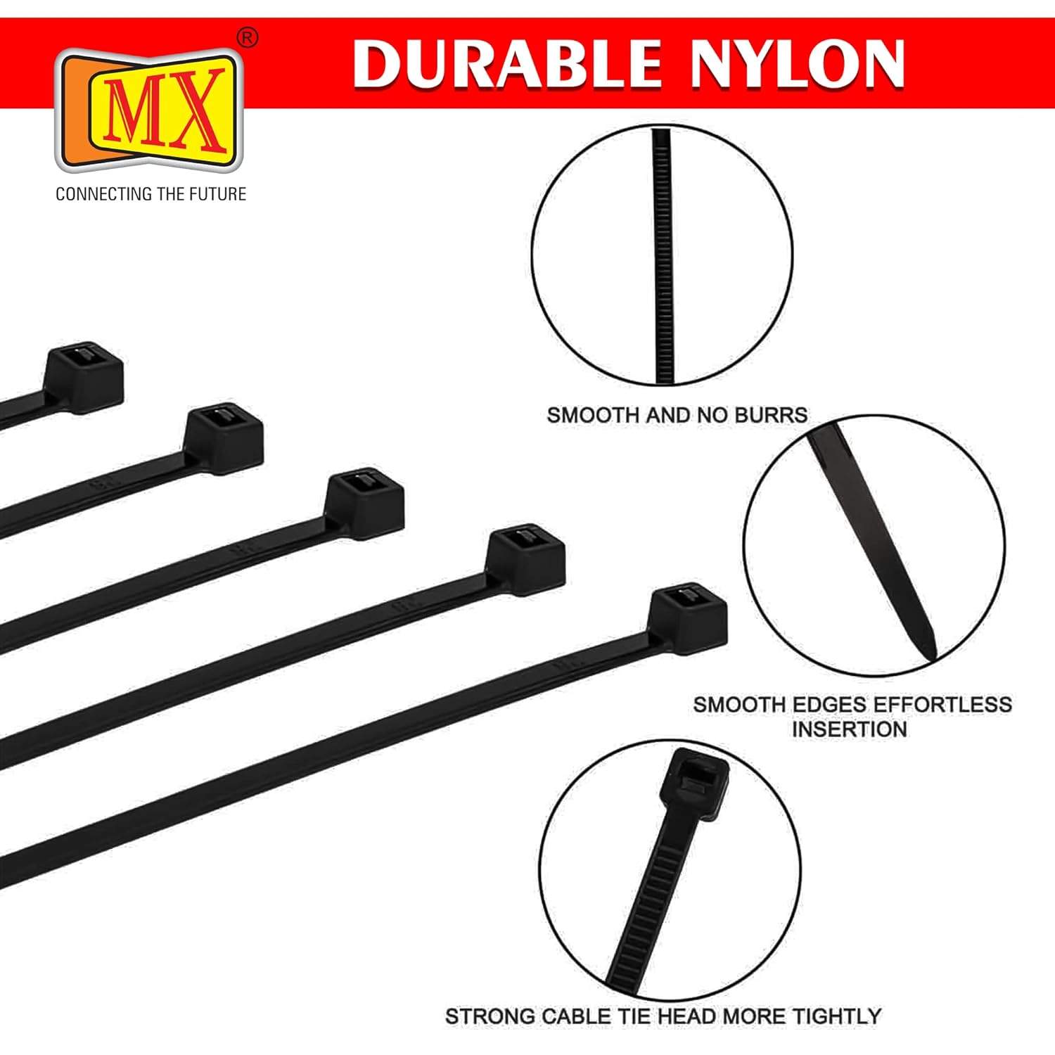 MX Teeth Grip Nylon Self Locking Cable Ties, Black (101 mm x 3.6 mm, 6 inch, Pack of 1000)- Heavy Duty Strong Zip Wire Fastener Organizer Tie, Cable Management Uses in Home & Offices etc - Image 4