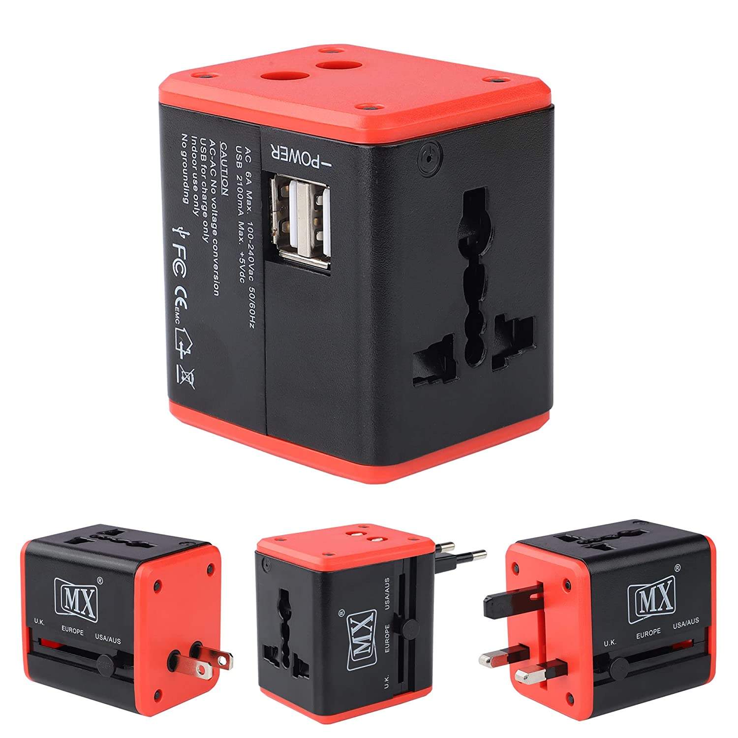 MX 4 in 1 Universal Travel Adapter with 2 USB Ports, Built-in Fuse & Surge Protector, International Conversion Plug Used Worldwide with Multi Type Power Outlet USB 2.1A, 100-250V, (MX-4024) - Image 5