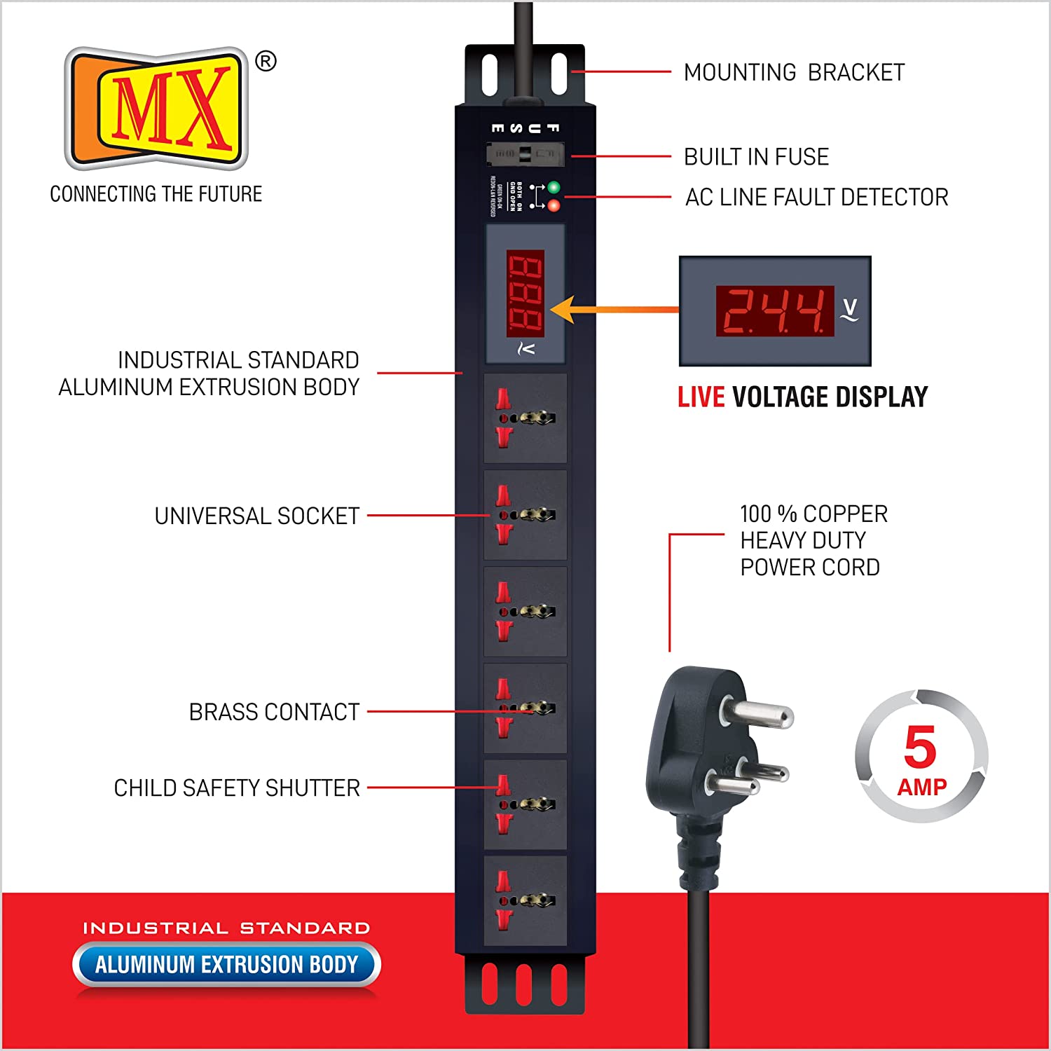 MX 6-Outlet Power Distribution Unit with Live Voltage Display, 6 AMP (Parameter: 30W~265V), Wall/Rack Mount, Built-in Fuse, Master Switch, Heavy-Duty 1.5m Power Cord for home appliances like electric cooktop & Stove - Image 5