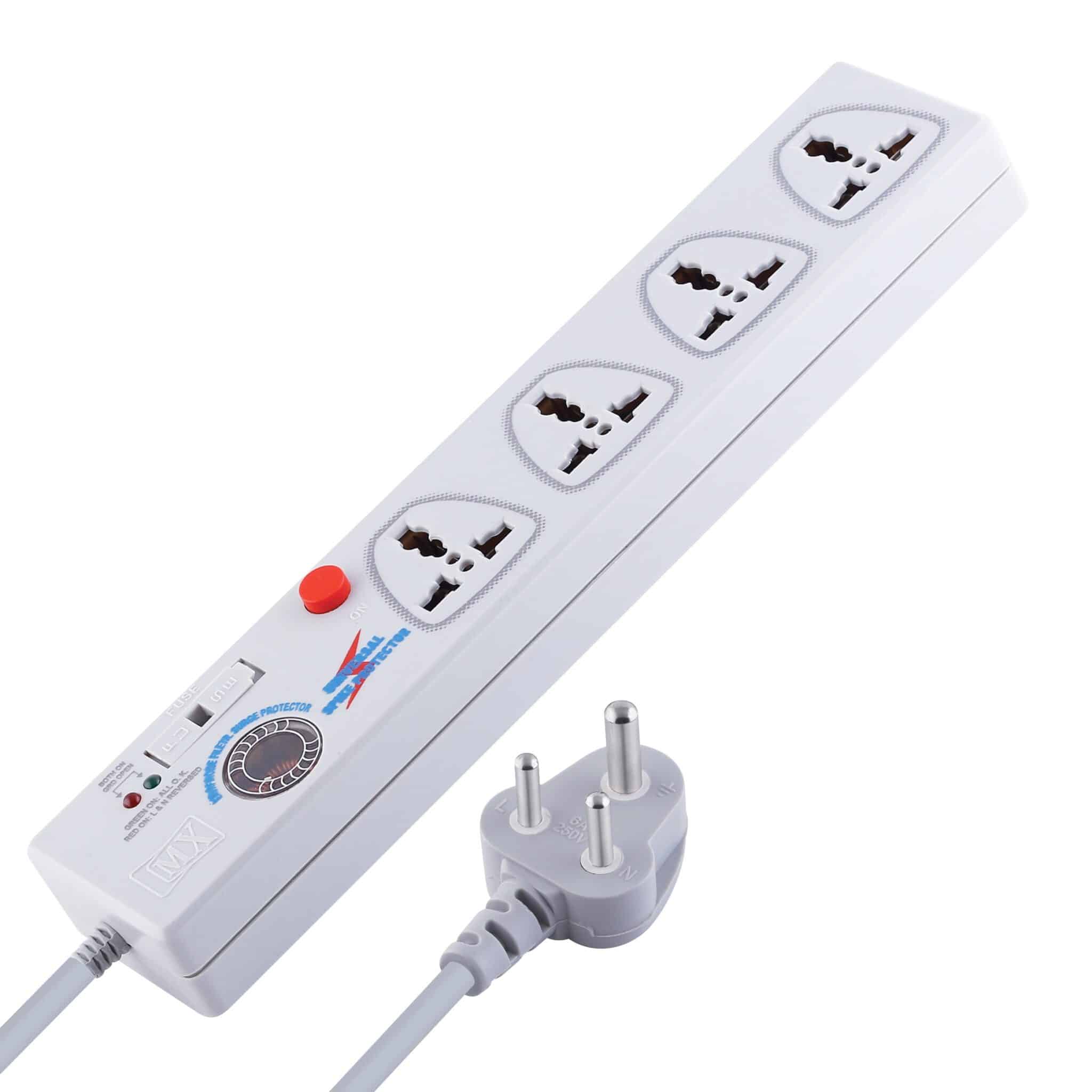 MX 4 Outlet Spike / Surge Protector With Universal Socket – Master Switch With Built-in Fuse – 1.5 mtr (5 foot) Power Cable – 5 amp