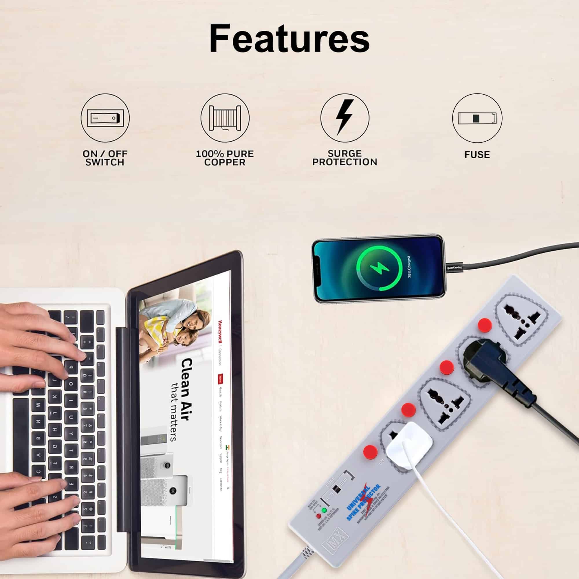 MX 4 Outlet Spike / Surge Protector With Universal Socket – Master Switch With Built-in Fuse – 1.5 mtr (5 foot) Power Cable – 5 amp