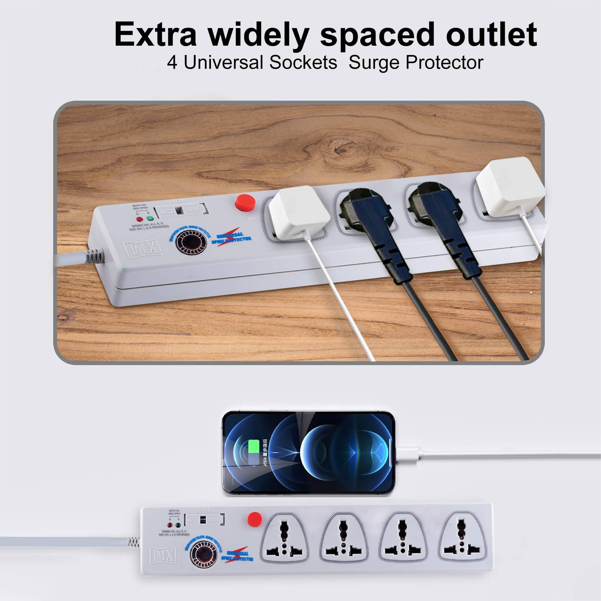 MX 4 Outlet Spike / Surge Protector With Universal Socket – Master Switch With Built-in Fuse – 1.5 mtr (5 foot) Power Cable – 5 amp
