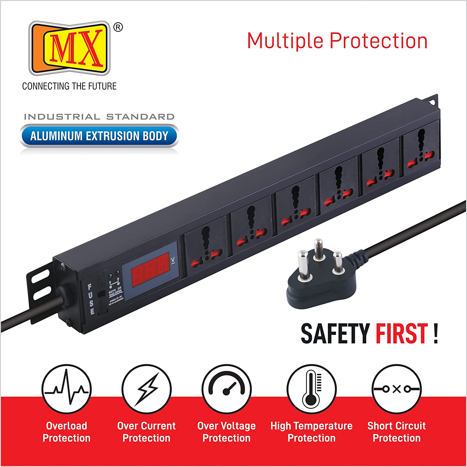 MX 6-Outlet Power Distribution Unit with Live Voltage Display, 6/16 AMP (Parameter: 30W~265V), Wall/Rack Mount, Built-in Fuse, Master Switch, Heavy-Duty 1.5m Power Cord for home appliances like electric cooktop & Stove - Image 3