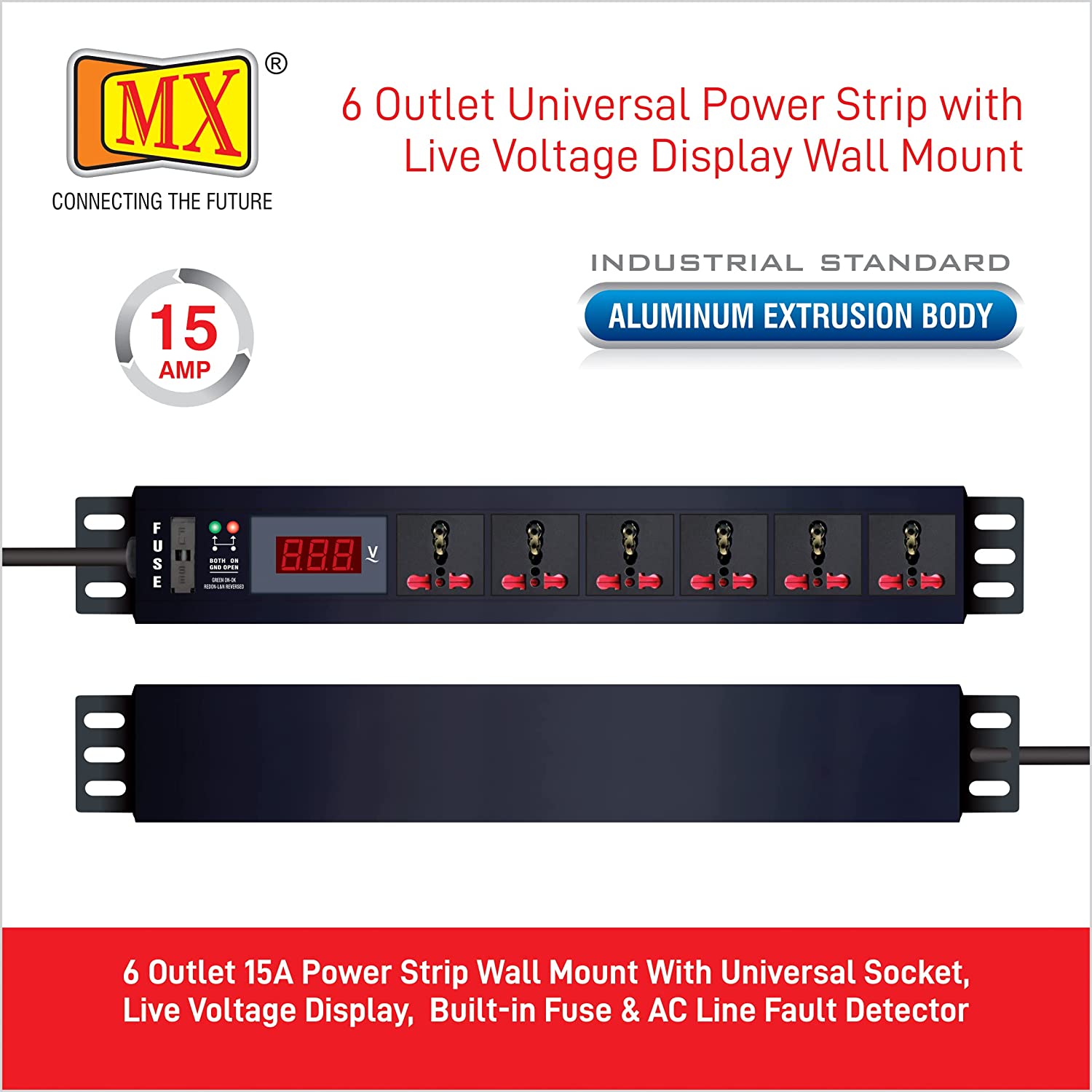 MX 6-Outlet Power Distribution Unit with Live Voltage Display, 6/16 AMP (Parameter: 30W~265V), Wall/Rack Mount, Built-in Fuse, Master Switch, Heavy-Duty 1.5m Power Cord for home appliances like electric cooktop & Stove - Image 5