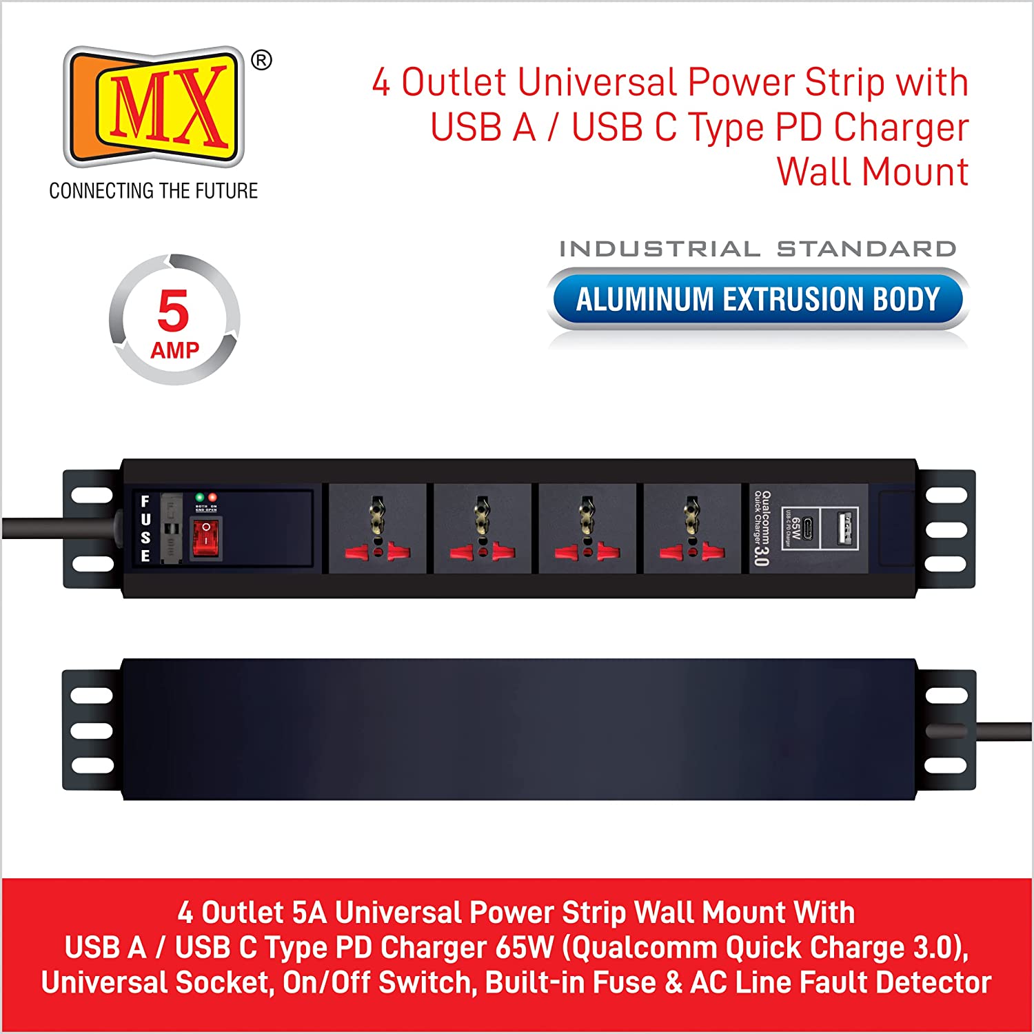 MX 4-Outlet Power Distribution Unit with 5A Universal Socket, USB C PD 65W, USB A Port, Fuse, Master Switch, Wall Mount, 1.5m Power Cord for home appliances like electric cooktop & Stove - Image 5