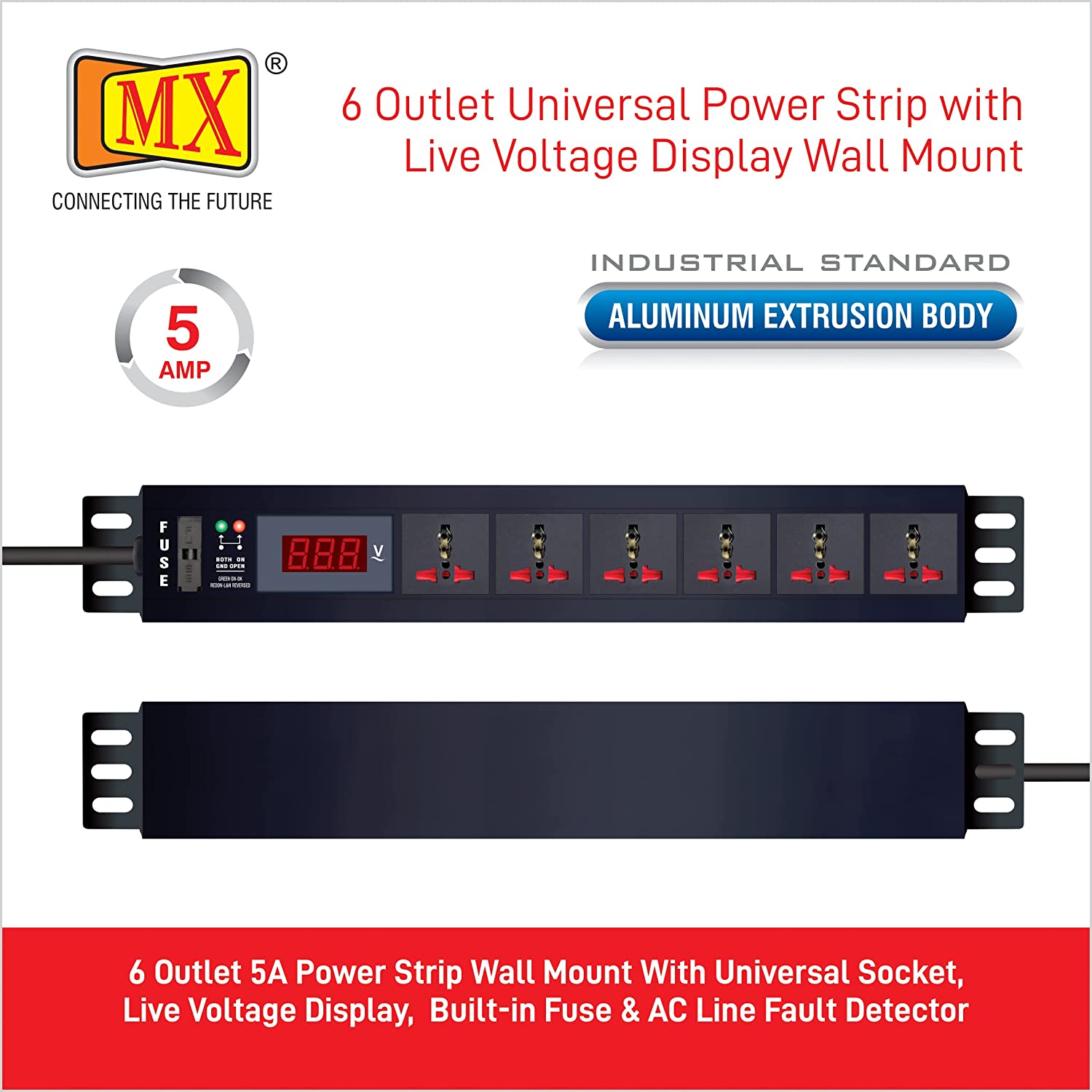 MX 6-Outlet Power Distribution Unit with Live Voltage Display, 6 AMP (Parameter: 30W~265V), Wall/Rack Mount, Built-in Fuse, Master Switch, Heavy-Duty 1.5m Power Cord for home appliances like electric cooktop & Stove - Image 6