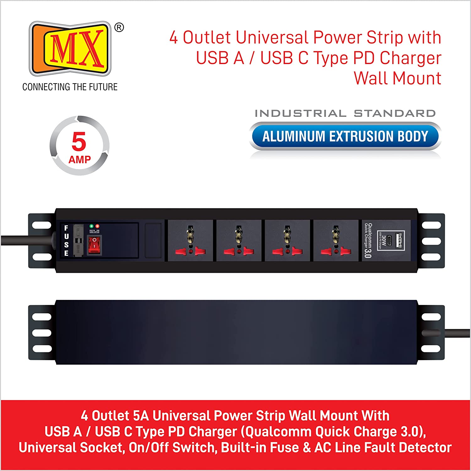 MX 4-Outlet Power Distribution Unit with 5A Universal Socket, USB C PD 30W, USB A Port, Fuse, Master Switch, Wall Mount, 1.5m Power Cord for home appliances like electric cooktop & Stove - Image 5