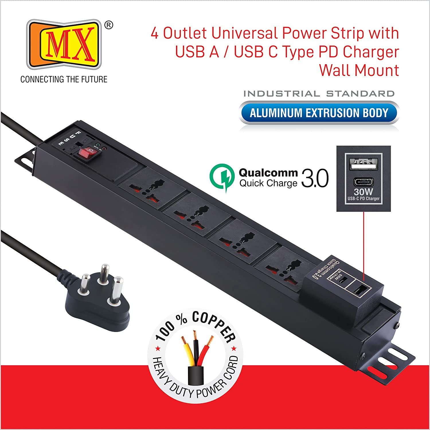 MX 4-Outlet Power Distribution Unit with 5A Universal Socket, USB C PD 65W, USB A Port, Fuse, Master Switch, Wall Mount, 1.5m Power Cord for home appliances like electric cooktop & Stove - Image 2