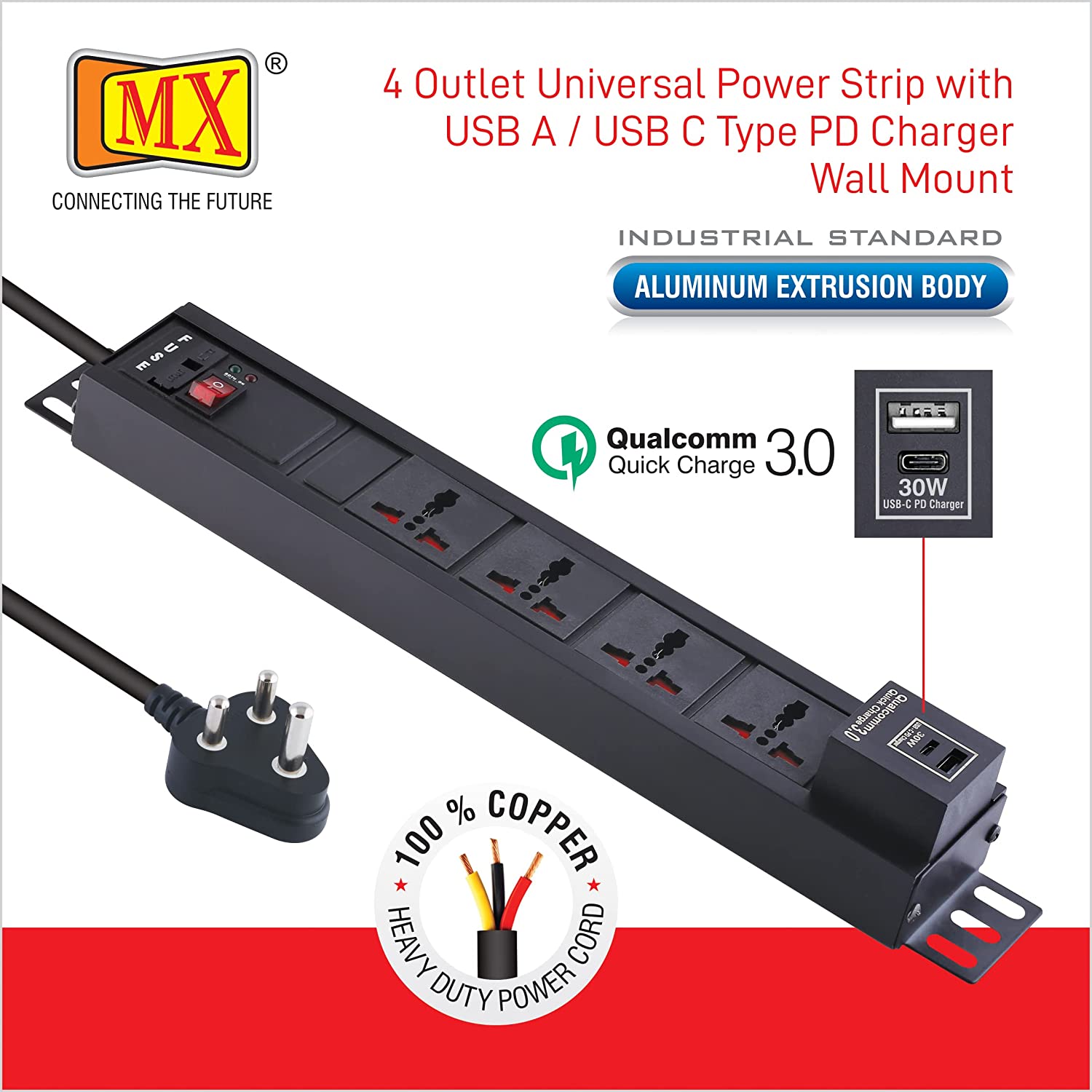 MX 4-Outlet Power Distribution Unit with 5A Universal Socket, USB C PD 30W, USB A Port, Fuse, Master Switch, Wall Mount, 1.5m Power Cord for home appliances like electric cooktop & Stove - Image 2