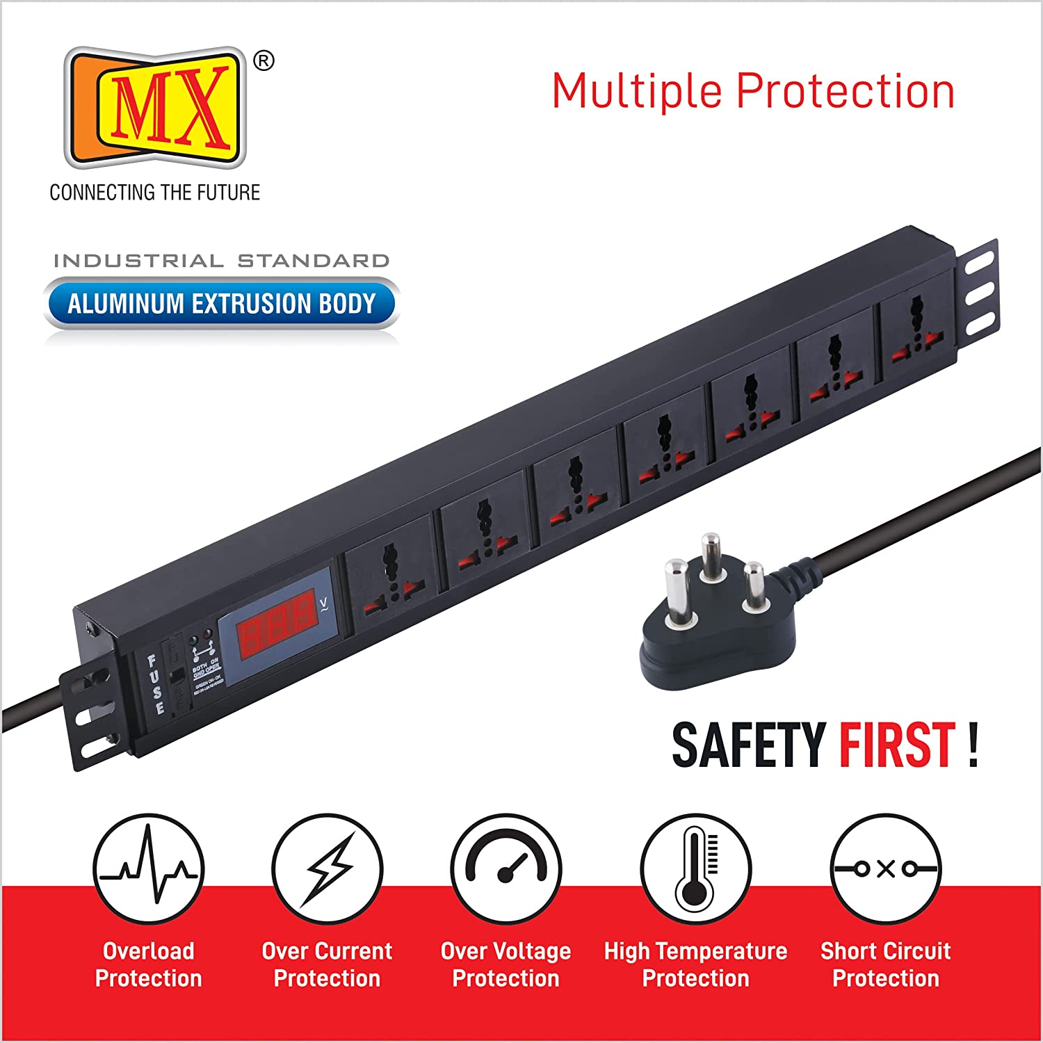 MX 7 Outlet Power Distribution Unit with Live Voltage Display, 6 AMP (Parameter: 30W~265V), Wall/Rack Mount, Built-in Fuse, Master Switch, Desk Mount and 19 inches Rack Mountable with 1.5m Power Cord for home appliances like electric cooktop & Stove - Image 3