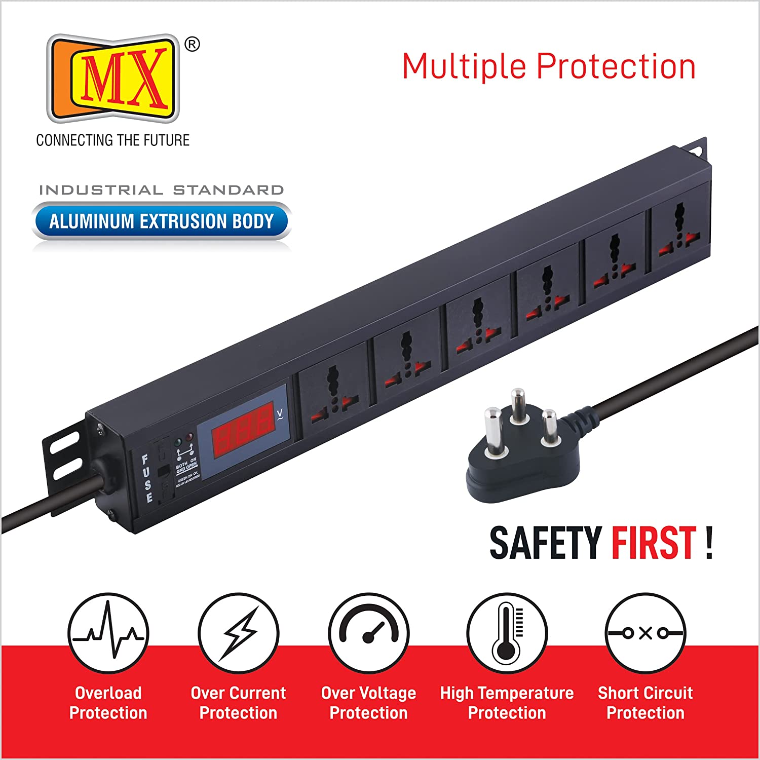MX 6-Outlet Power Distribution Unit with Live Voltage Display, 6 AMP (Parameter: 30W~265V), Wall/Rack Mount, Built-in Fuse, Master Switch, Heavy-Duty 1.5m Power Cord for home appliances like electric cooktop & Stove - Image 4