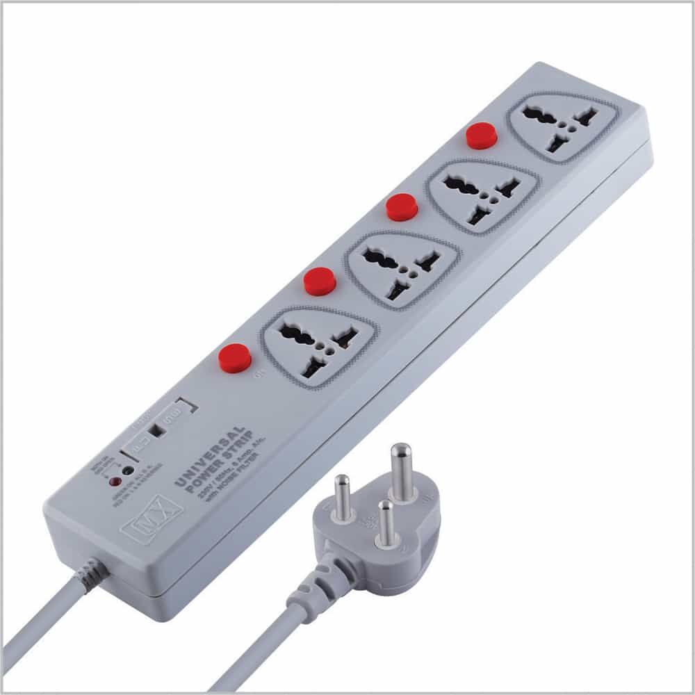 MX 4 Outlet Power Strip With Universal Socket - Individual Switch For Each Socket, With Built-in Fuse Power Cable - 5 amp - 3 MTR