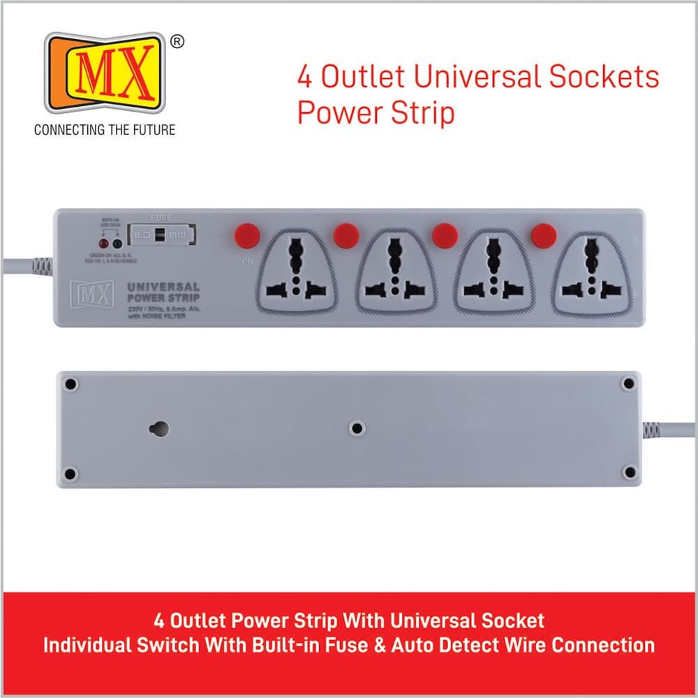 MX 4 Outlet Power Strip With Universal Socket - Individual Switch For Each Socket, With Built-in Fuse Power Cable - 5 amp - 1.5 MTR for home appliances like electric cooktop & Stove - Image 4