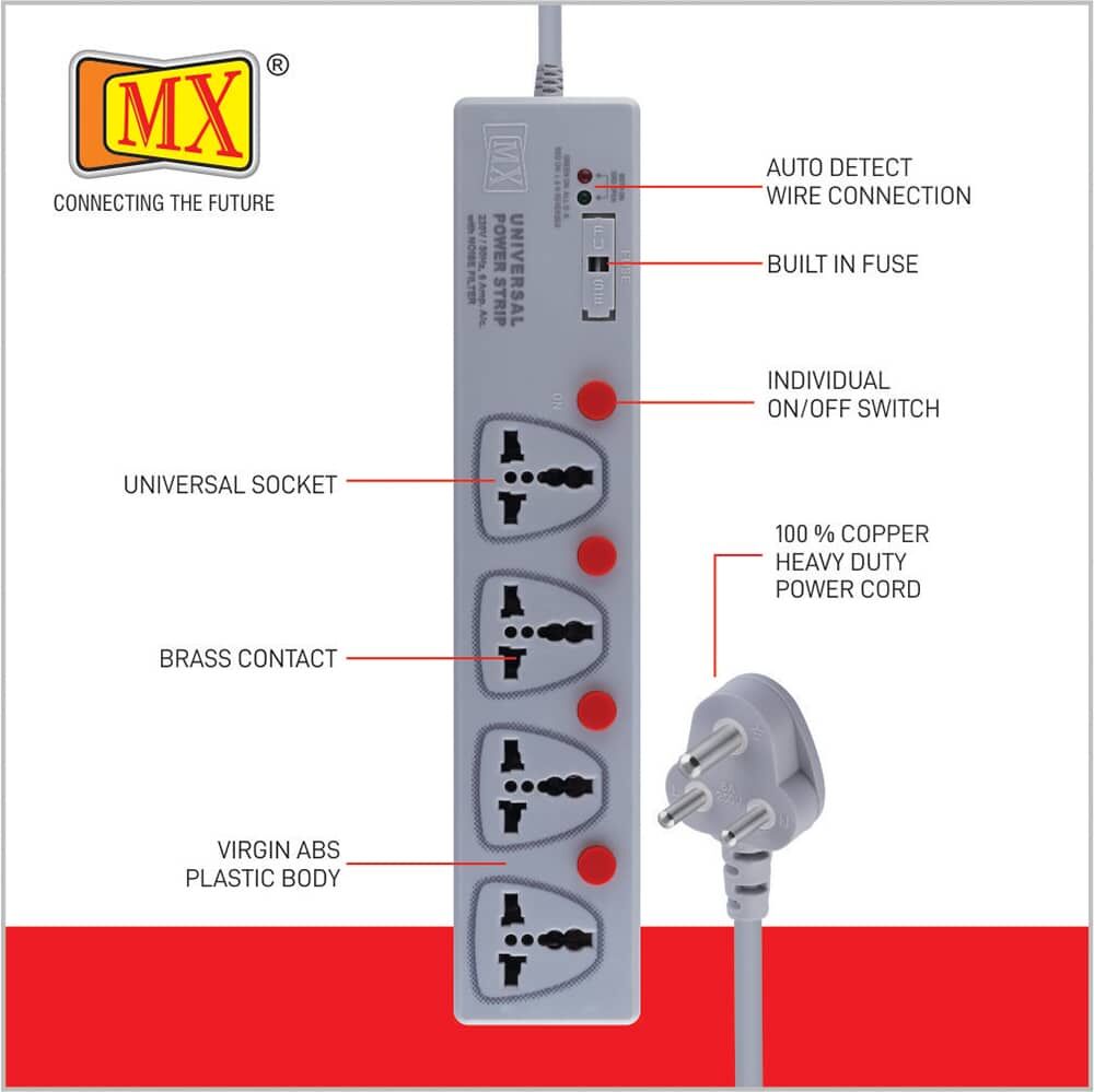 MX 4 Outlet Power Strip With Universal Socket - Individual Switch For Each Socket, With Built-in Fuse Power Cable - 5 amp - 1.5 MTR for home appliances like electric cooktop & Stove - Image 2