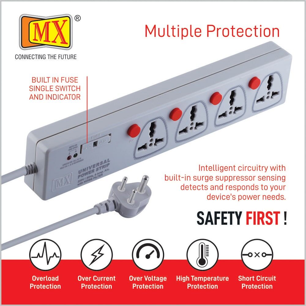 MX 4 Outlet Power Strip With Universal Socket - Individual Switch For Each Socket, With Built-in Fuse Power Cable - 5 amp - 1.5 MTR for home appliances like electric cooktop & Stove - Image 5
