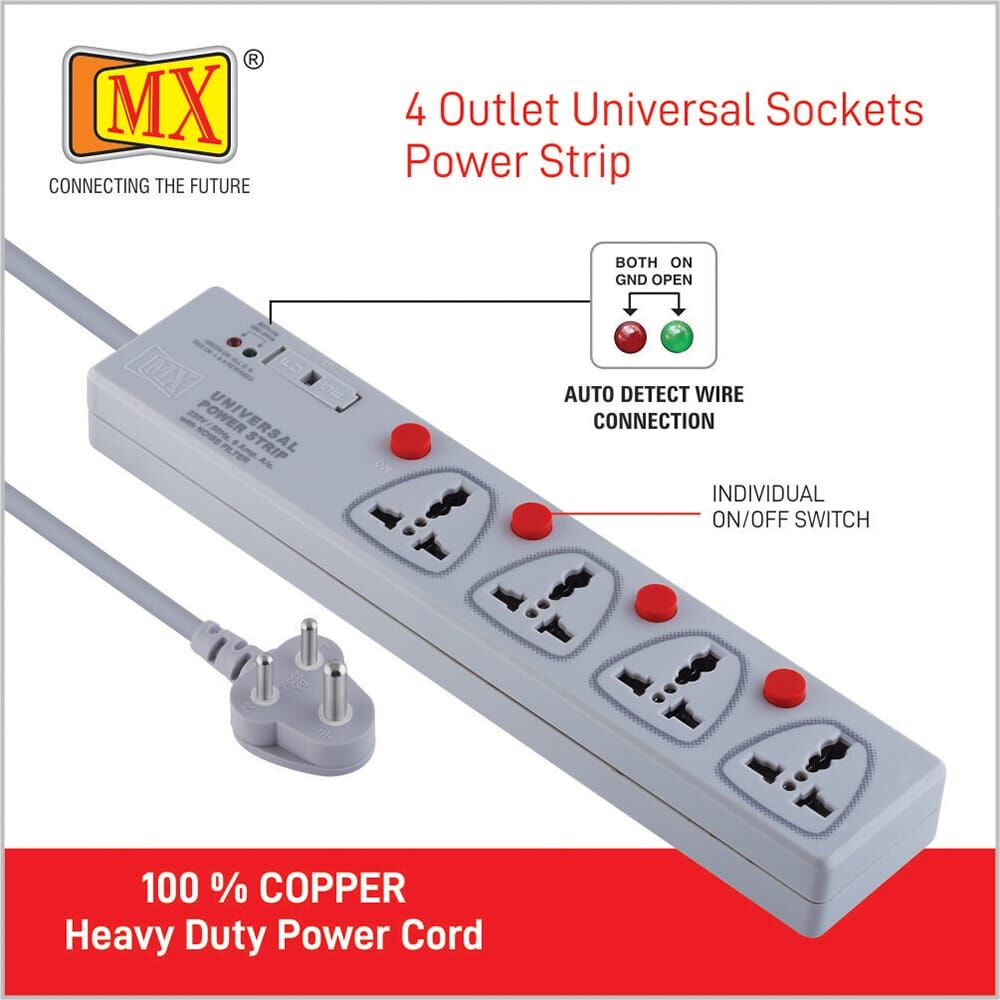 MX 4 Outlet Power Strip With Universal Socket - Individual Switch For Each Socket, With Built-in Fuse Power Cable - 5 amp - 1.5 MTR for home appliances like electric cooktop & Stove - Image 3