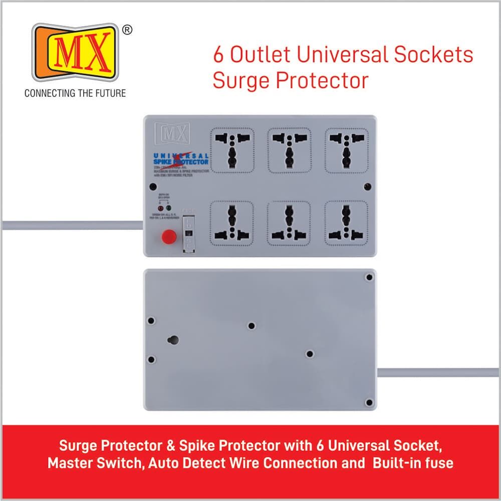 MX Surge Protector & Spike Protector with 6 Universal Socket, Master Switch, Power Indicator and Built-in fuse Cord Length for home appliances like electric cooktop & Stove - Image 3