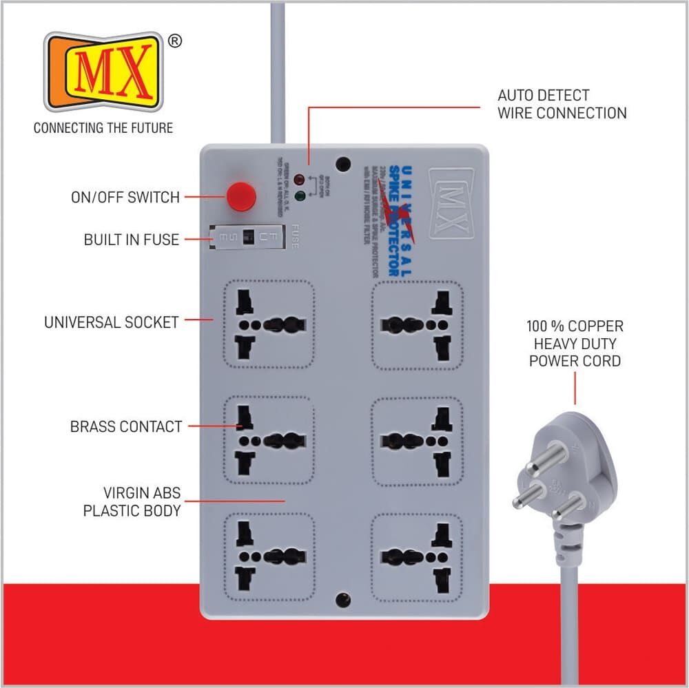 MX Surge Protector & Spike Protector with 6 Universal Socket, Master Switch, Power Indicator and Built-in fuse Cord Length for home appliances like electric cooktop & Stove - Image 4
