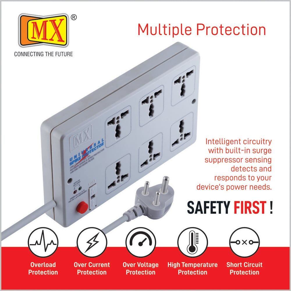 MX Surge Protector & Spike Protector with 6 Universal Socket, Master Switch, Power Indicator and Built-in fuse Cord Length for home appliances like electric cooktop & Stove - Image 5