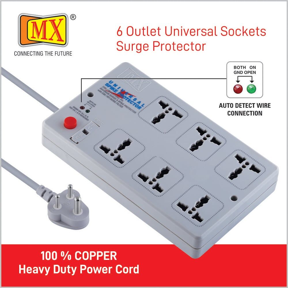 MX Surge Protector & Spike Protector with 6 Universal Socket, Master Switch, Power Indicator and Built-in fuse Cord Length for home appliances like electric cooktop & Stove - Image 2