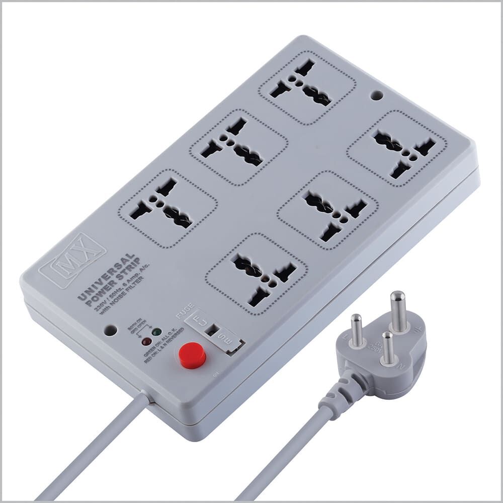 MX Power Strip with 6 Universal Socket, Master Switch, Power Indicator, Auto detect Wire Connection, 3 mtr Cord Length