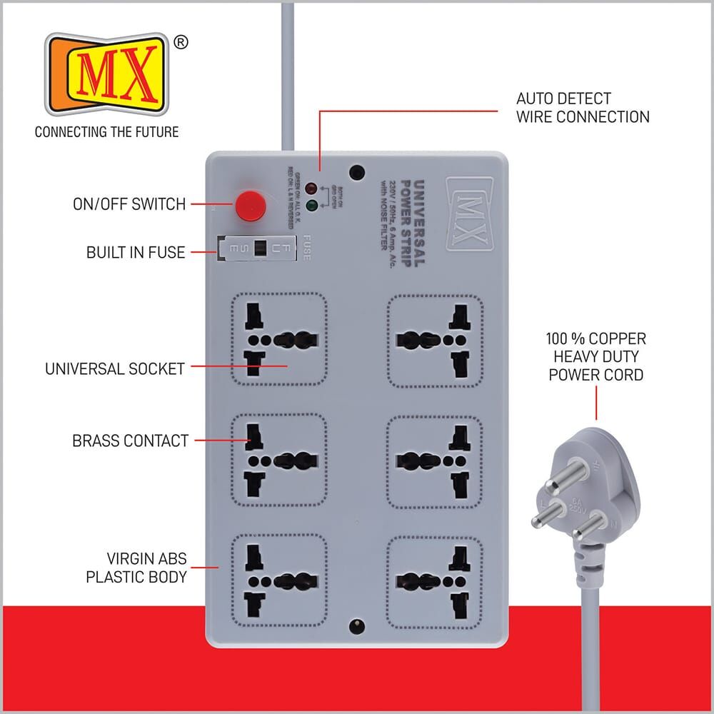 MX Power Strip with 6 Universal Socket, Master Switch, Power Indicator, Auto detect Wire Connection, 10 mtr Cord Length for home appliances like electric cooktop & Stove - Image 2
