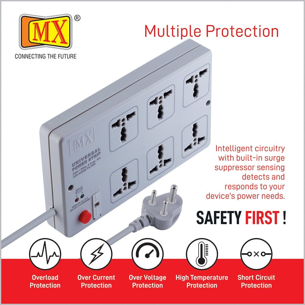 MX Power Strip with 6 Universal Socket, Master Switch, Power Indicator, Auto detect Wire Connection, 10 mtr Cord Length for home appliances like electric cooktop & Stove - Image 5