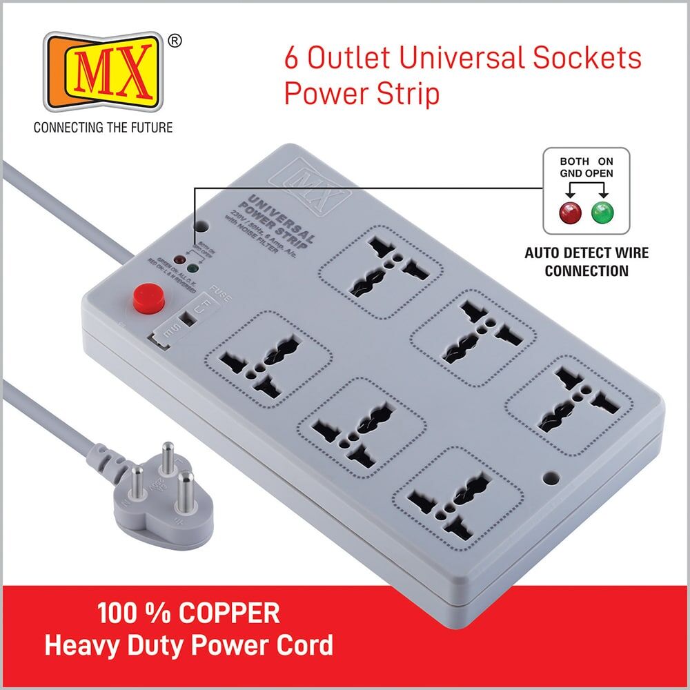 MX Power Strip with 6 Universal Socket, Master Switch, Power Indicator, Auto detect Wire Connection, 10 mtr Cord Length for home appliances like electric cooktop & Stove - Image 3