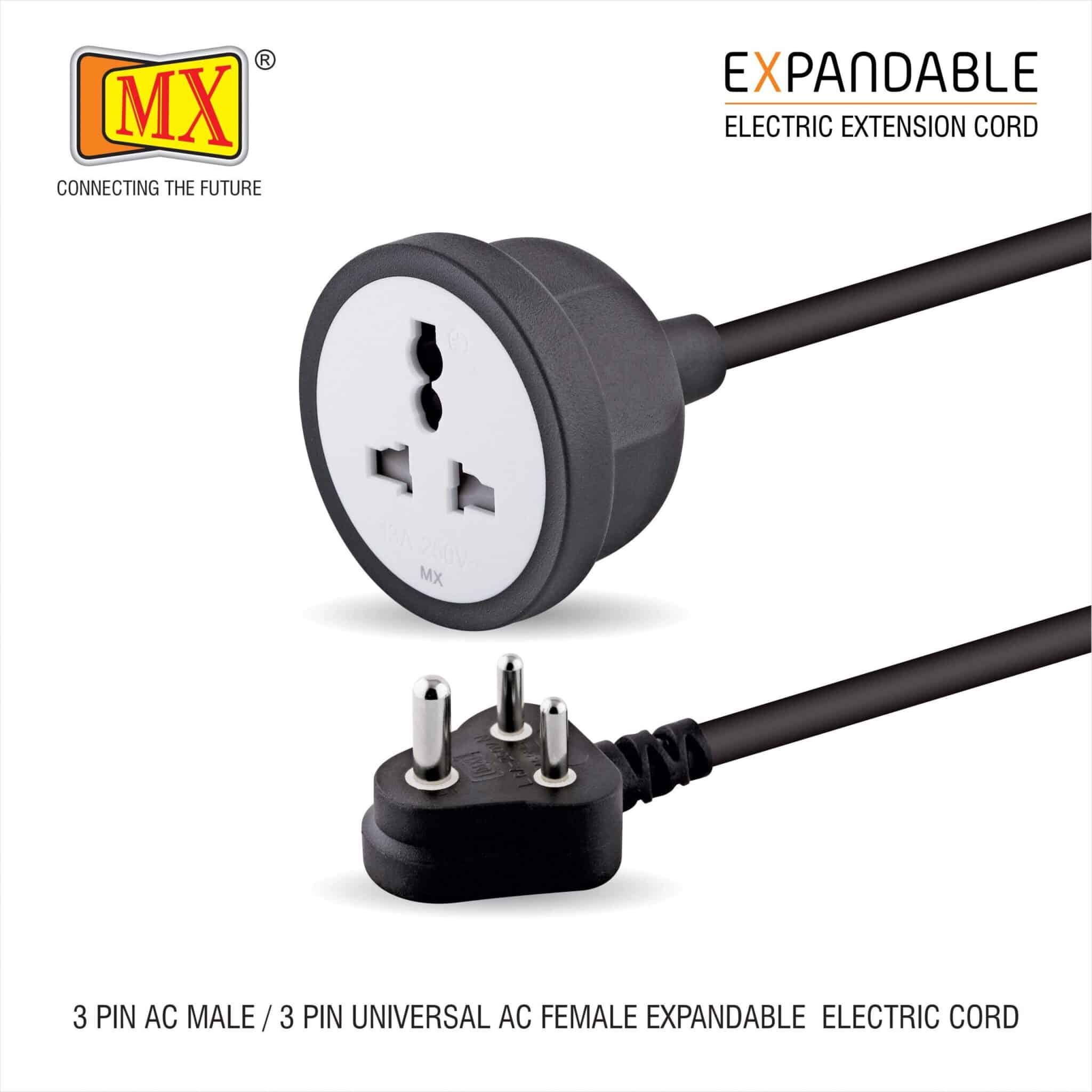 MX Extension Board with 3M Heavy Duty Long Wire Cord, Single Outlet Socket 2500W 10A Expandable Electric Extension, 3 Pin Plug with Surge Protection & Child Safety Shutter, Black for home appliances like electric cooktop & Stove - Image 2