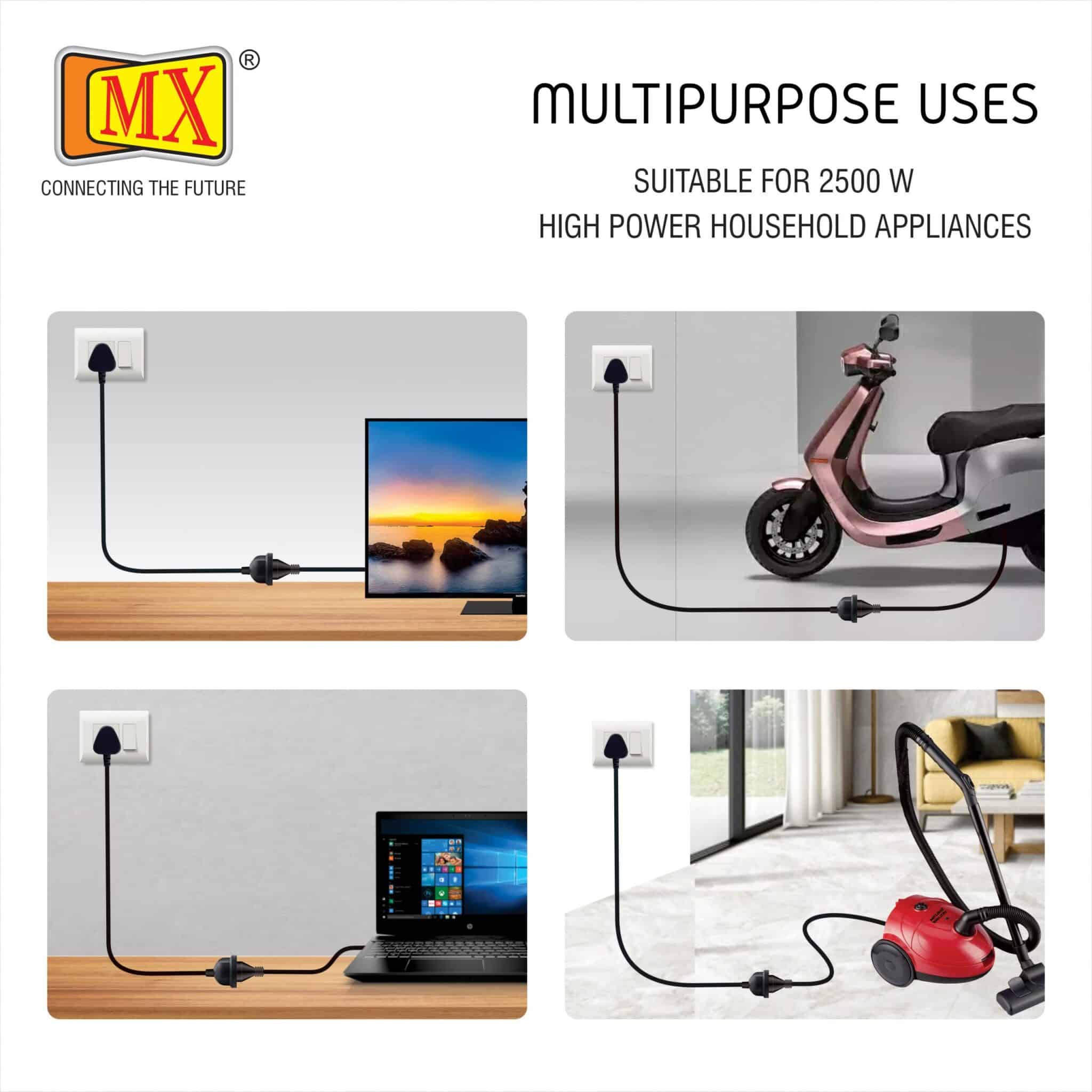 MX Extension Board with 3M Heavy Duty Long Wire Cord, Single Outlet Socket 2500W 10A Expandable Electric Extension, 3 Pin Plug with Surge Protection & Child Safety Shutter, Black for home appliances like electric cooktop & Stove - Image 3