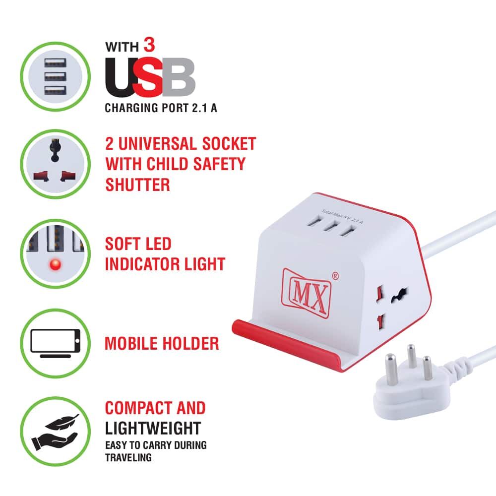 MX Extension Board Universal Socket with 3 USB Charging Ports Spike Protector Safety Shutter (2 Sockets + 3USB) -Multi Plug Socket for home appliances like electric cooktop & Stove - Image 2