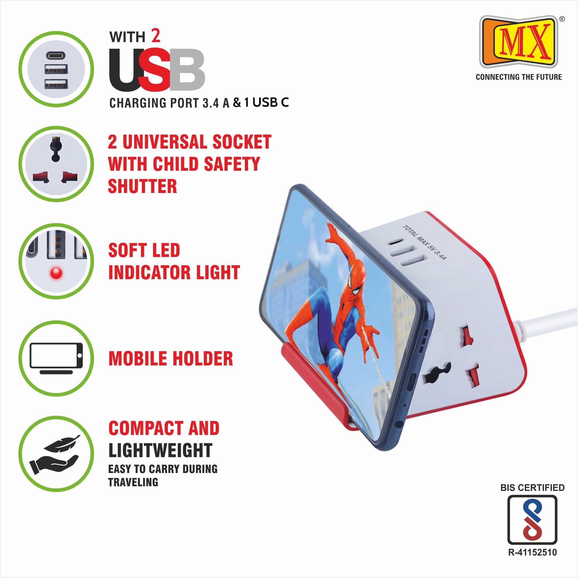 MX Extension Board Universal Socket with (1 USB-5v 3.4A / 1 USB 2.4A) Charging Ports Spike Protector Safety Shutter (2 Sockets + 2USB + 1 USB C) -Multi Plug Socket (MX TY-801B) (1.5 MTR)
