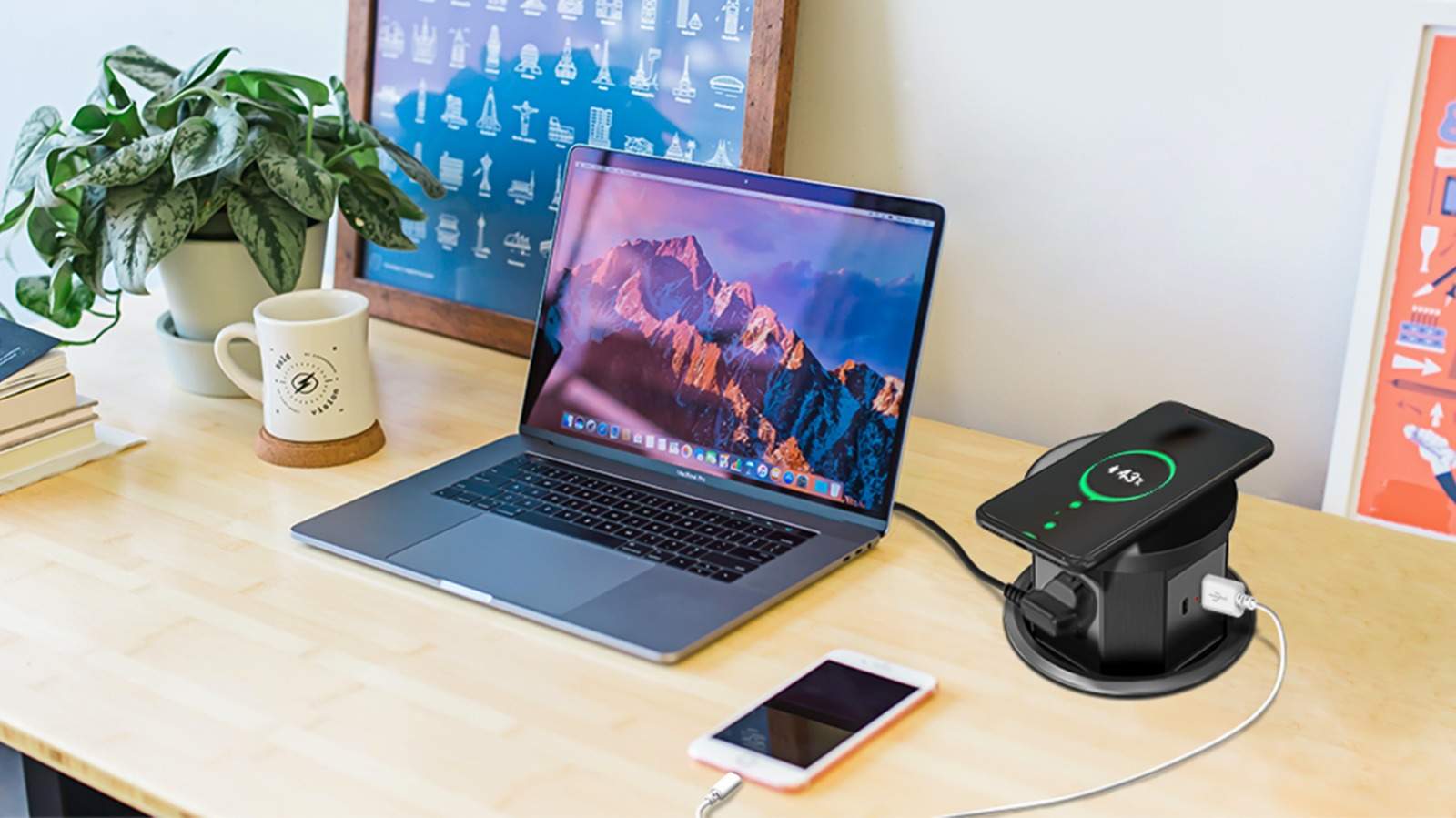 MX Table Top Power Post Push Up Come with 3 Universal Socket + 1 USB + 1 USB C - 20W PD Charger + 1 Top Wireless Charger 15W Along with 1.5 MTR Cord ( MX 7011 ) - Image 6