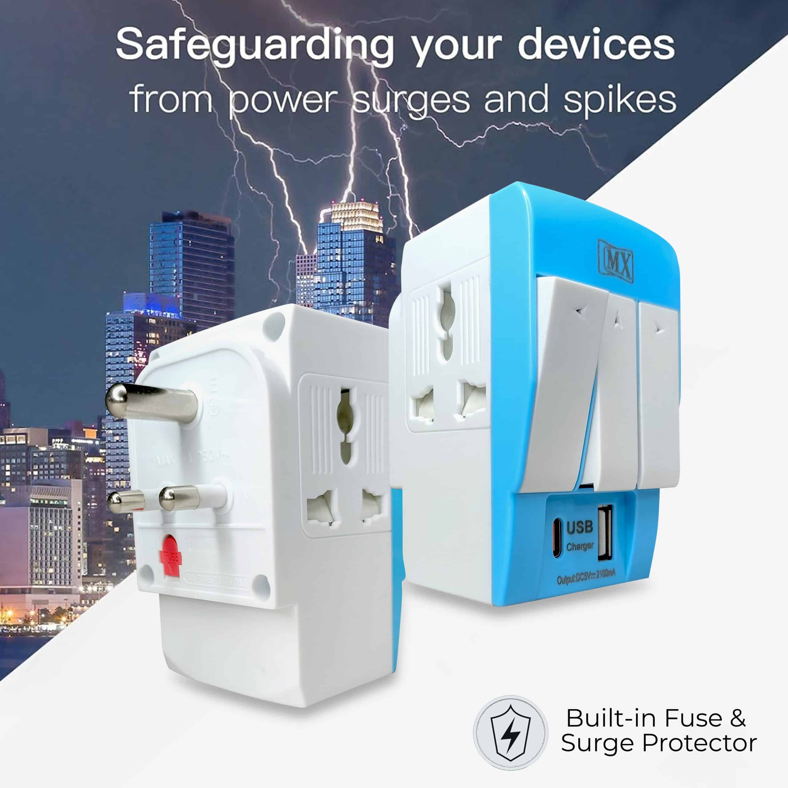 MX 3 Pin Multi Plug Socket-Worldwide Universal Socket Travel Adapter with USB Ports & Type-C PD Individual Switch Safety Shutter LED Indicator-3 Way Plug Socket (5A-250V)Fast Charging-Type D plug