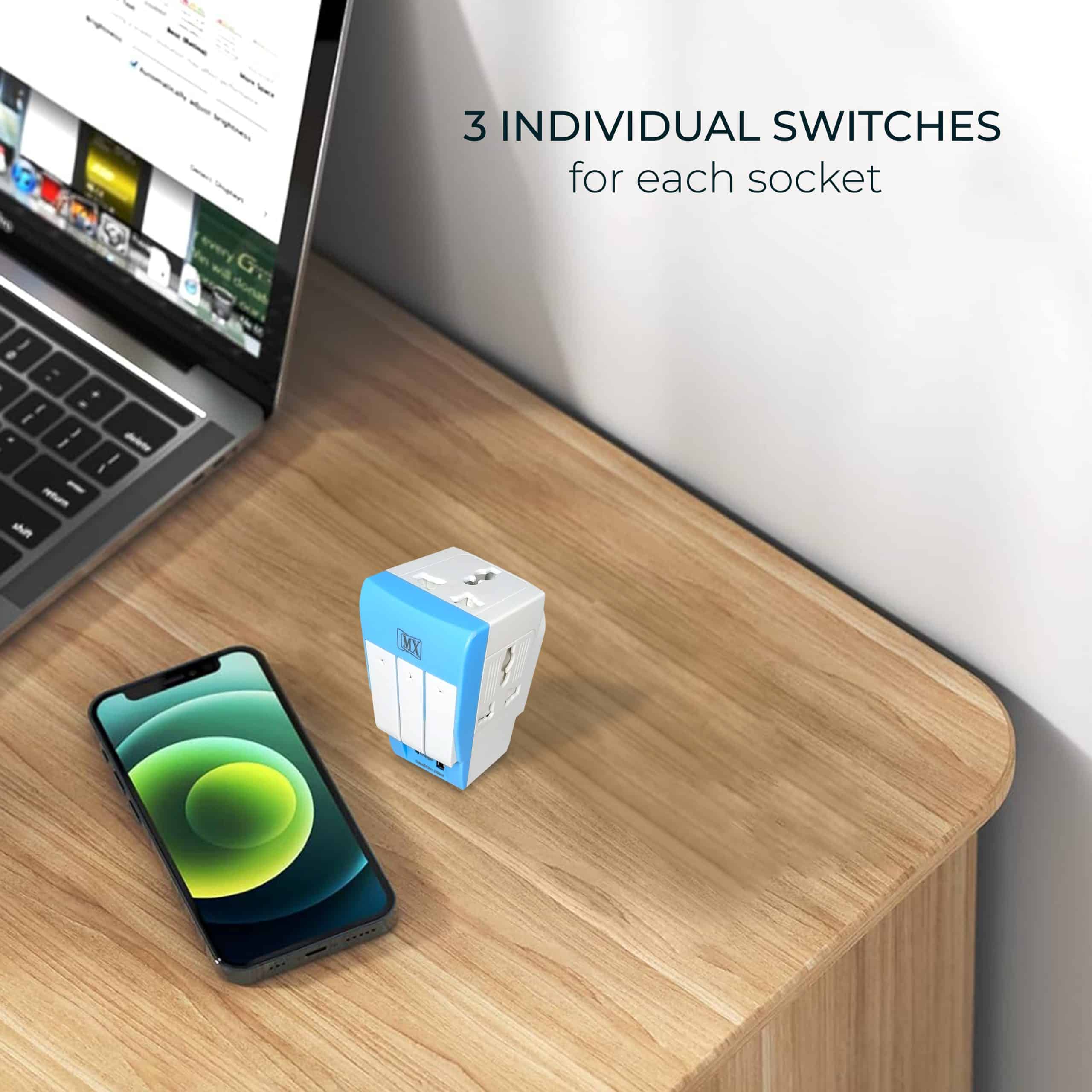 MX 3 Pin Multi Plug Socket-Worldwide Universal Socket Travel Adapter with USB Ports & Type-C PD Individual Switch Safety Shutter LED Indicator-3 Way Plug Socket (5A-250V)Fast Charging-Type D plug