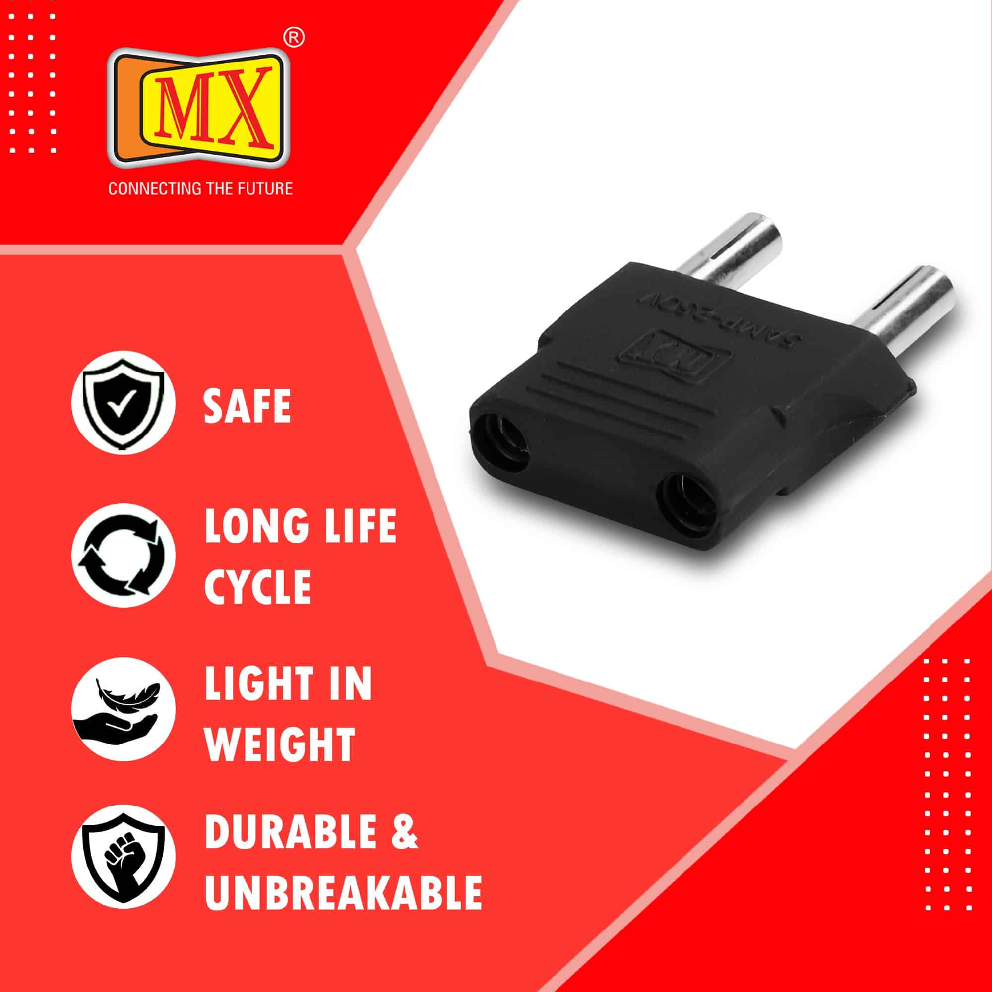 MX World Conversion Plug (Moulded, Round 2-Pin, 4mm) Europe to India (Type D) - Pack of 5