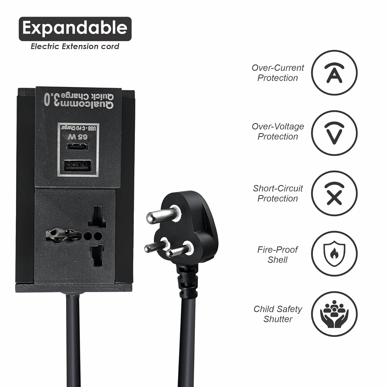 MX Single Socket Extension Board with 65W Type-C PD & 1 USB-A Port | 3-Pin Plug | 6A–13A Universal Socket 1.5 Meter Heavy Duty Cable Flame Retardant Body & Safety Shutter –Home, Office, Laptop Use