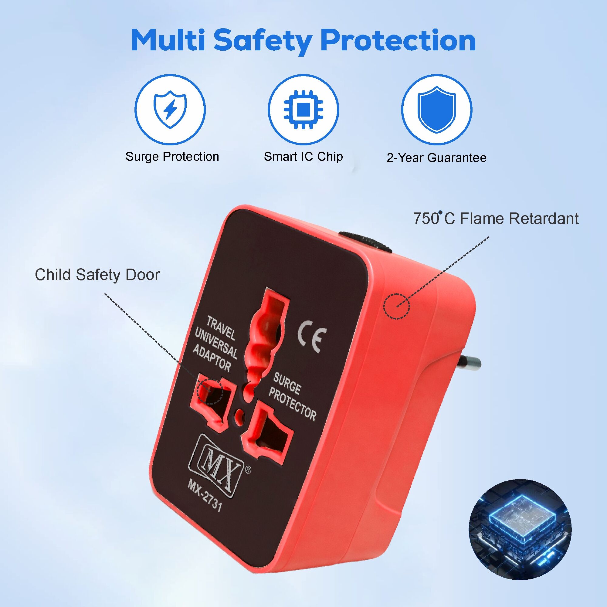 MX Universal Travel Adapter, Worldwide All over 150 International Countries with LED & Child Safety Shutter-Universal Socket Compatible in UK, Europe, USA, Australia, China, Japan & Thailand (Red)
