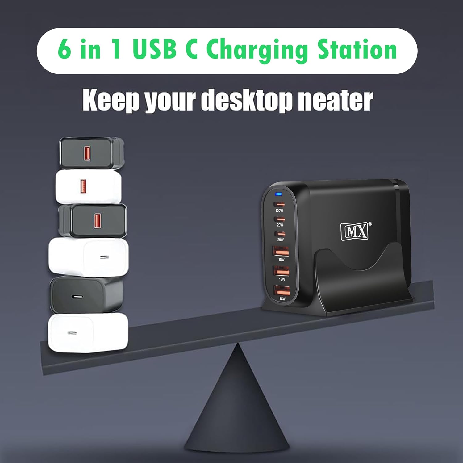 MX 200W GaN USB C Charging Station, 6-Port Desktop Charger with PD 100W Type C Power Supply QC3.0 Fast Charging for MacBook Pro 16"/Air, Dell XPS, iPad Pro, iPhone 17/16/15, Galaxy S25/S24