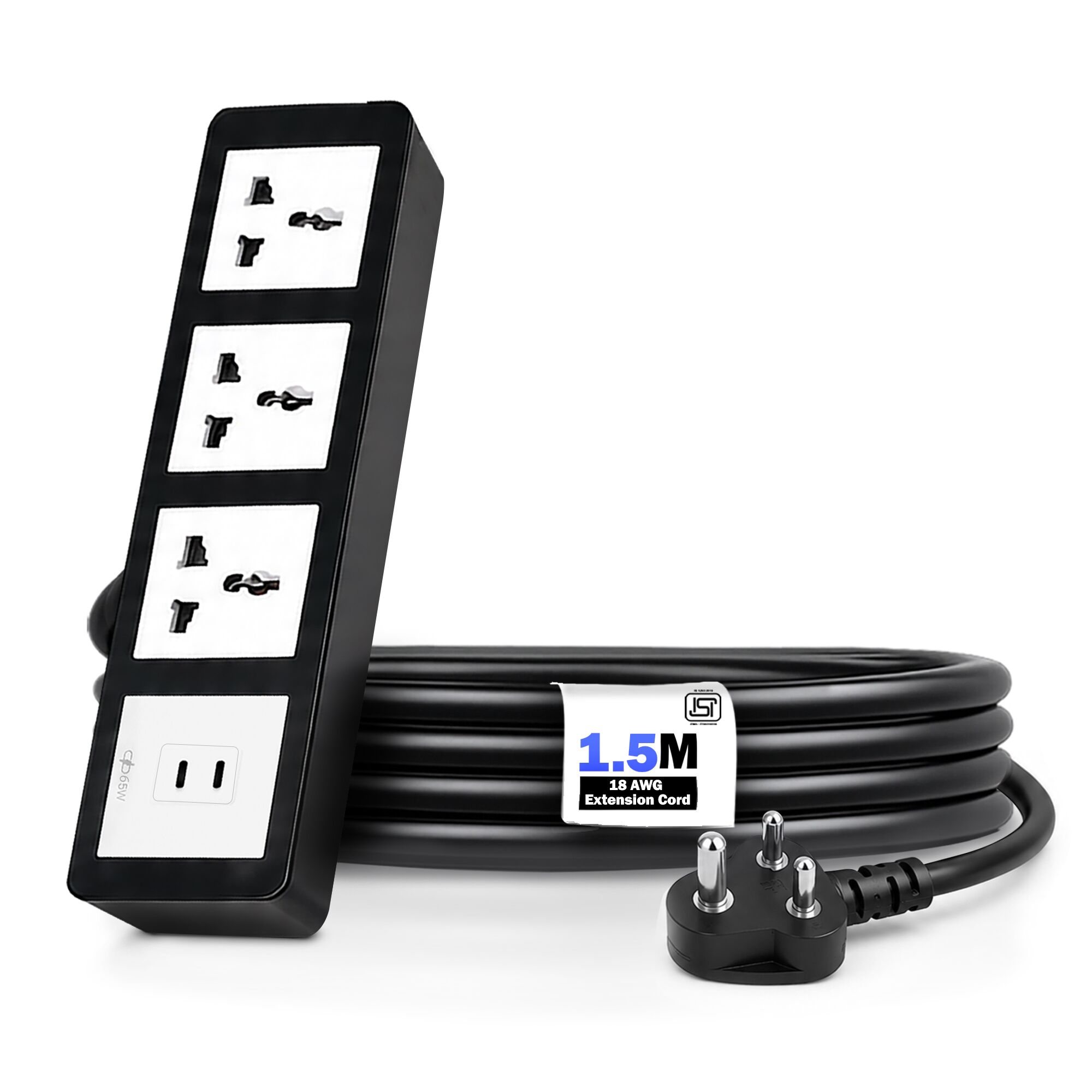 MX Power Strip with Universal 3-Pin Socket | 65W USB C+C PD Fast Charging | ISI Marked Cord
