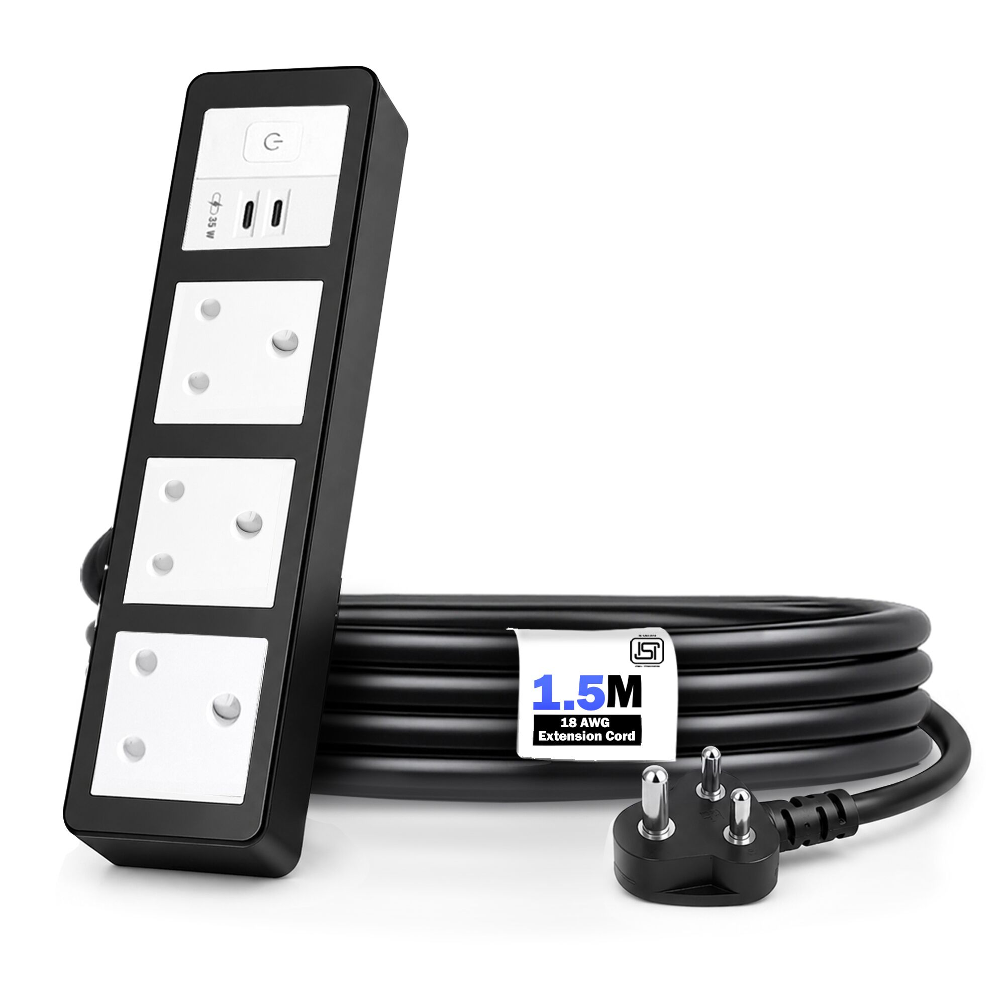 MX Power Strip with Indian Standard 3-Pin Socket 16 Amp & Flush Switch | 35W USB C+C Fast Charging | ISI Marked Cord