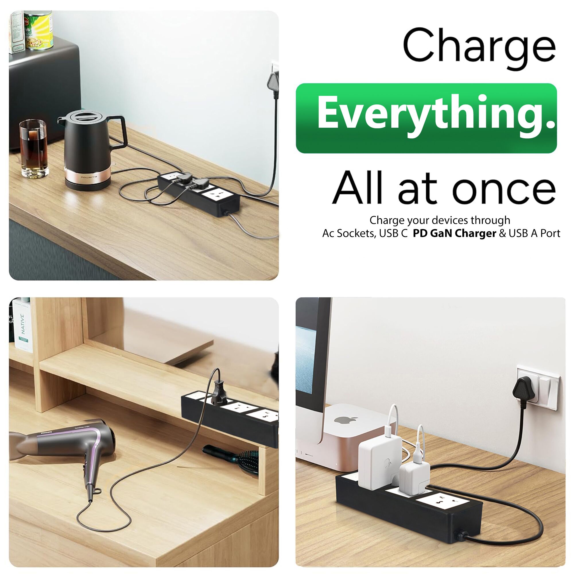 MX Power Strip with Universal 3-Pin Socket | 65W USB C+C PD Fast Charging | ISI Marked Cord