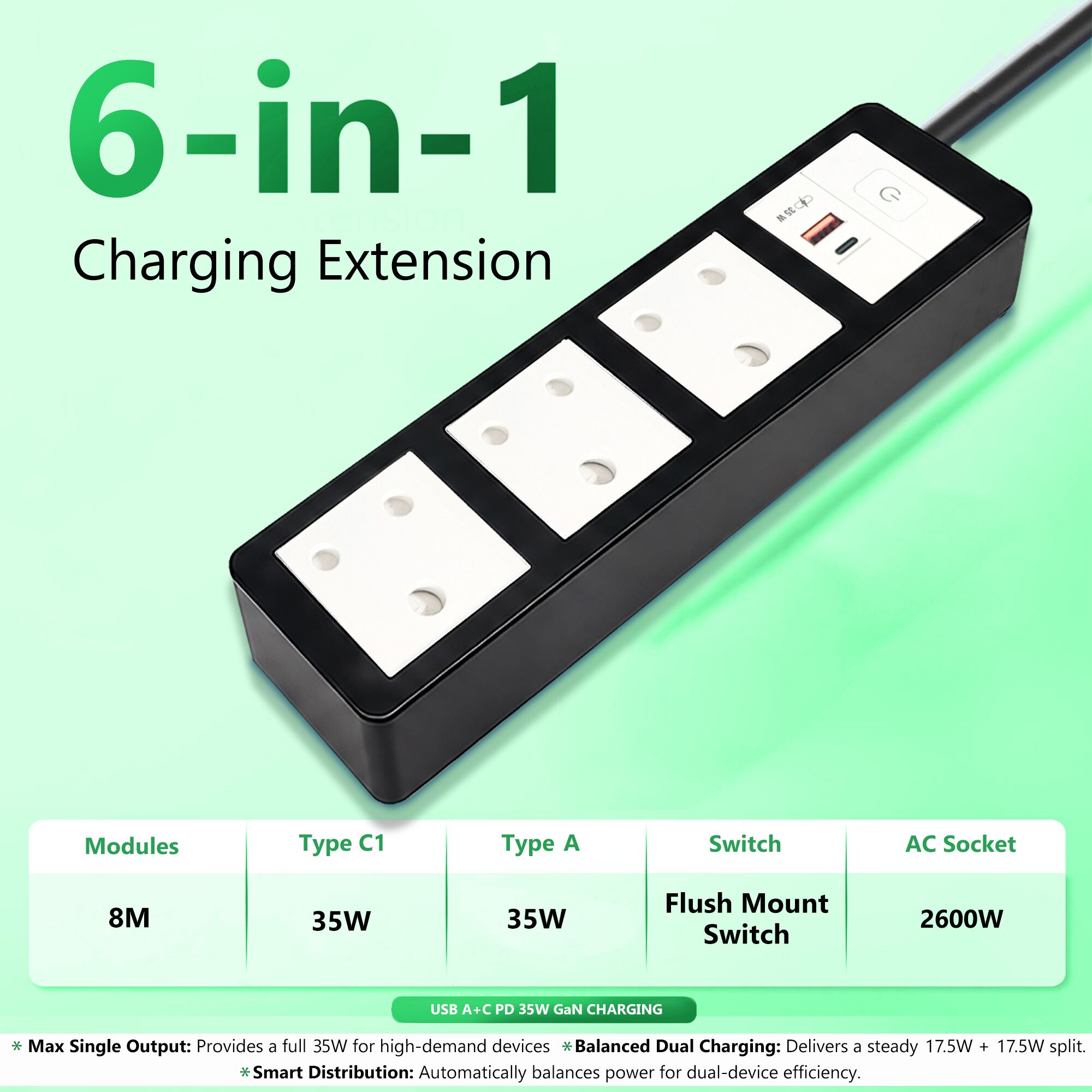 MX Power Strip with Indian Standard 3-Pin Socket 16 Amp & Flush Switch | 35W USB A+C Fast Charging | ISI Marked Cord