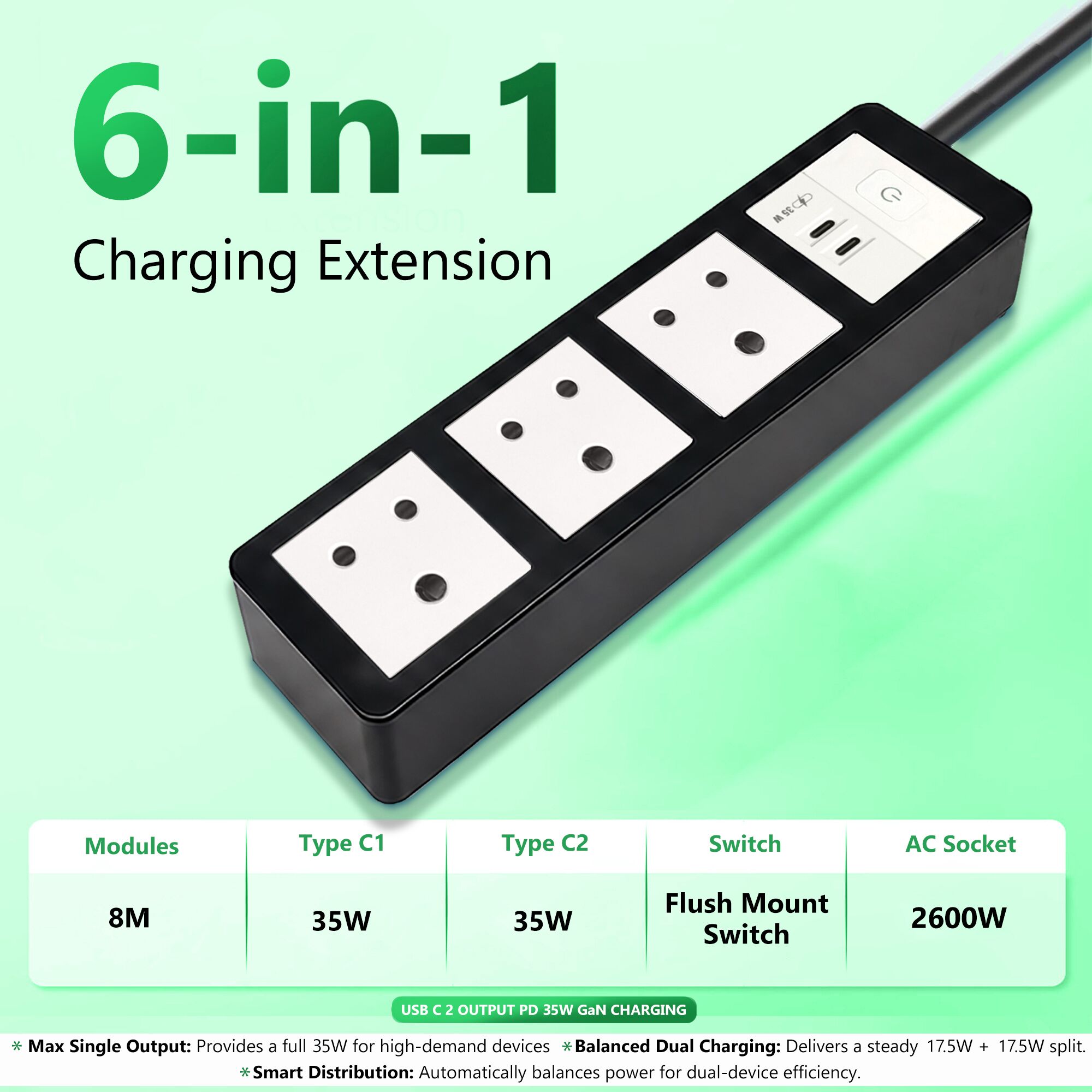 MX Power Strip with Indian Standard 3-Pin Socket 6 Amp & Flush Switch | 35W USB C+C Fast Charging | ISI Marked Cord